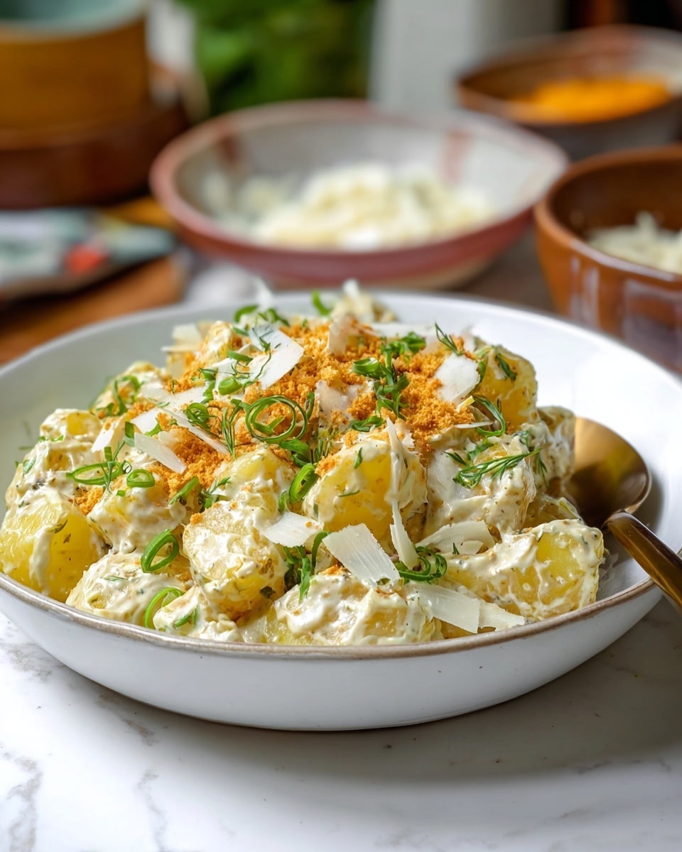 A white bowl with a thin brown rim holds a creamy potato salad with about three main visible layers; the base is chunky yellow potato pieces coated in a creamy, beige dressing, the middle layer has thin, pale white shavings of cheese spread evenly, and the top layer is sprinkled with bright green chopped herbs and small orange crispy bits. The bowl is on a white marbled surface, with a gold spoon resting on the right side inside the bowl. In the background, blurred bowls and pieces of cheese add depth to the image. Photo taken with an iphone --ar 4:5 --v 7