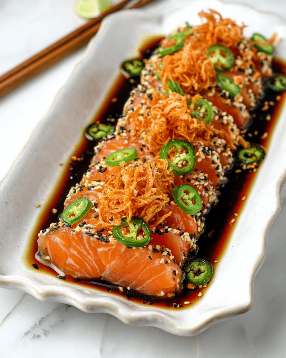 A white scalloped plate holds a neatly arranged row of thick, bright orange salmon slices with light white lines of fat. Each salmon slice is coated along the edges with a mix of black and white sesame seeds. The salmon sits in a dark, glossy soy-based sauce that pools at the base of the plate. On top of the salmon, thin, crispy orange fried onions and several thin green jalapeño slices are evenly placed, adding contrasting textures and colors. The dish is set on a white marbled surface, with light wooden chopsticks partly visible in the background. photo taken with an iphone --ar 4:5 --v 7