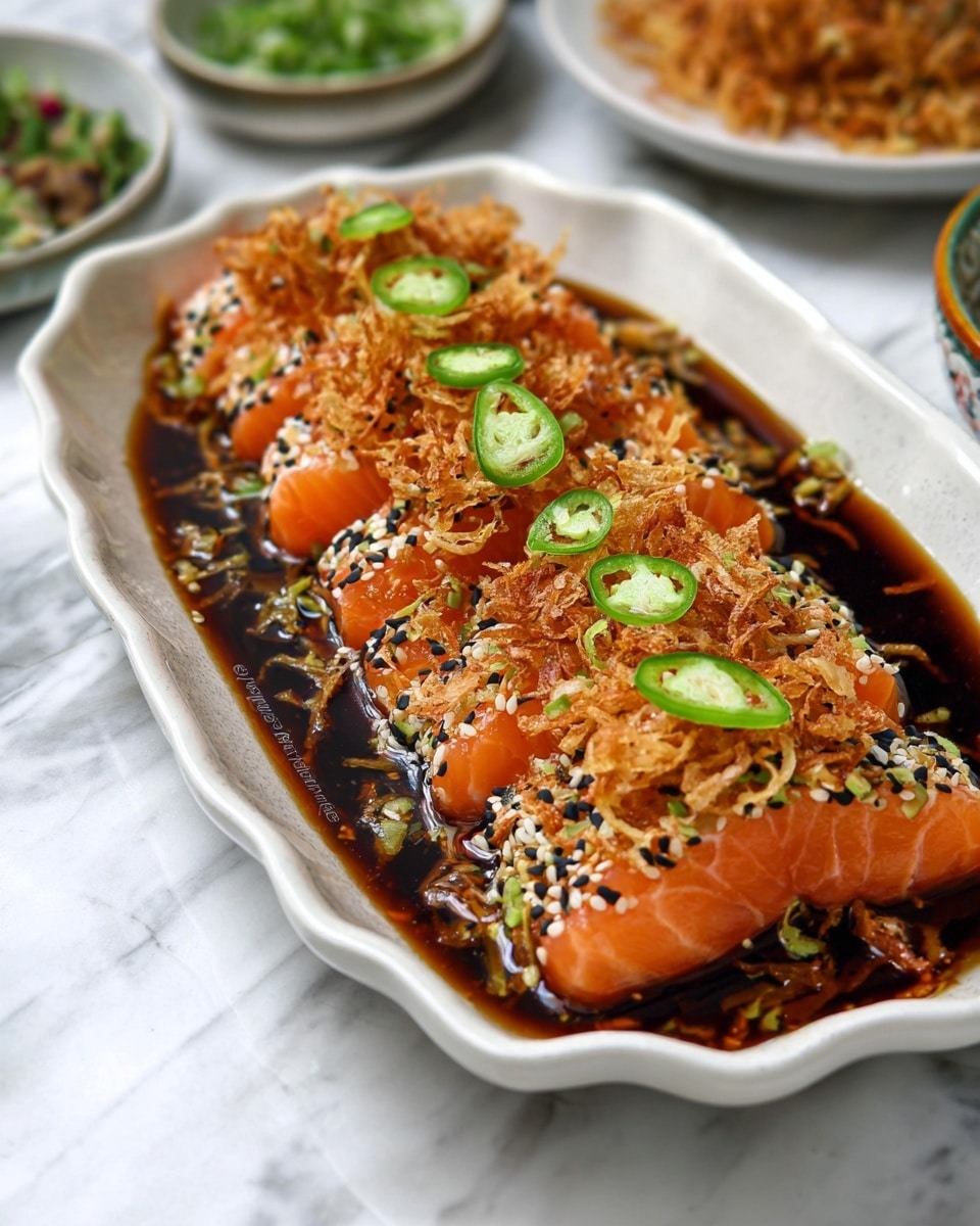 The dish shows several layers of bright orange salmon slices arranged neatly in a white scalloped dish, each slice edged with a mix of black and white sesame seeds, creating a speckled border. On top of the fish, there are thin, crispy golden fried onions scattered evenly, adding texture, and fresh bright green jalapeño slices placed in a line across the middle of the salmon. The salmon sits in a shallow pool of dark, glossy soy-based sauce that spreads over the bottom of the dish, enhancing the rich colors. The dish is set on a white marbled surface with blurred bowls of green herbs and additional fried onions in the background. photo taken with an iphone --ar 4:5 --v 7