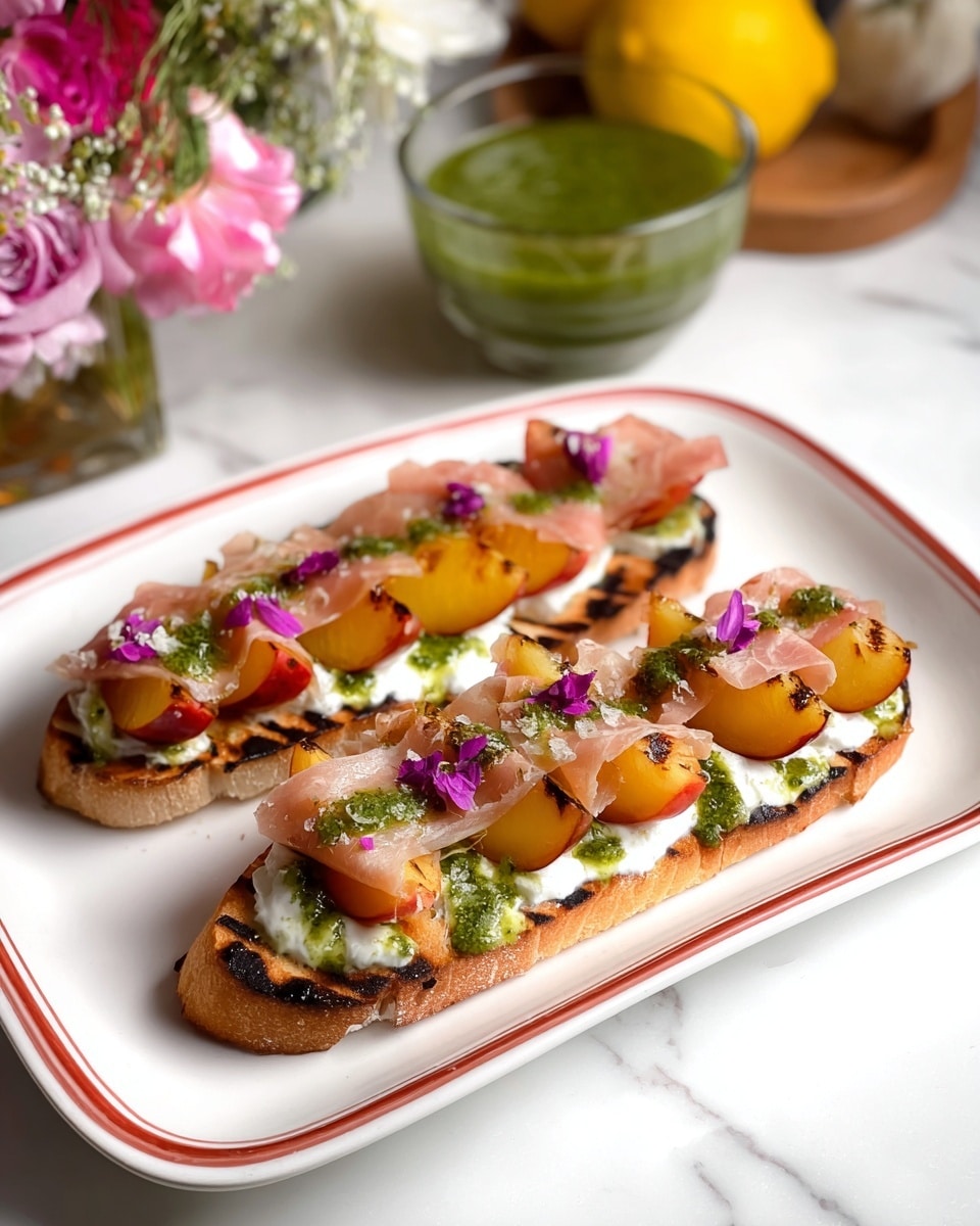 Two long pieces of toasted bread with grill marks form the base on a white plate with two thin red rings on the rim. Each piece is topped with a thick white creamy spread, followed by caramelized orange-yellow peach slices wrapped in pink prosciutto, placed in pairs. A bright green sauce is drizzled over the peaches, and small purple edible flowers are placed on top for decoration. The scene is set on a white marbled surface with a blurred glass bowl of green sauce, a lemon, and flowers in the background. photo taken with an iphone --ar 4:5 --v 7