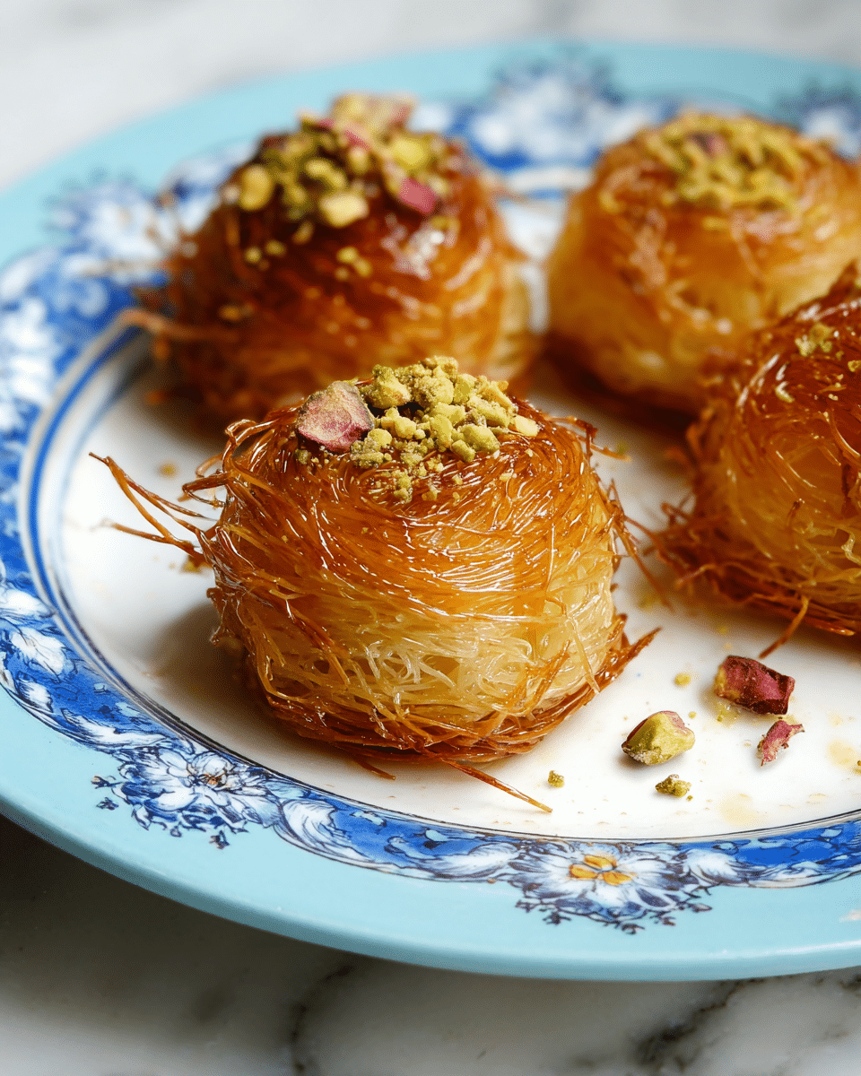 A close-up of four small, round pastries made from thin, golden-brown, crispy strands layered and twisted to form a nest-like structure, placed on a white plate with a bright blue, floral, and patterned rim. The pastry in the front center is topped with a glossy, amber syrup and sprinkled with finely chopped green pistachios and bits of red nuts, giving it a textured and colorful top layer. The other three pastries have a smooth, shiny golden surface with slightly darker brown toasted edges. The plate rests on a white marbled surface. photo taken with an iphone --ar 4:5 --v 7