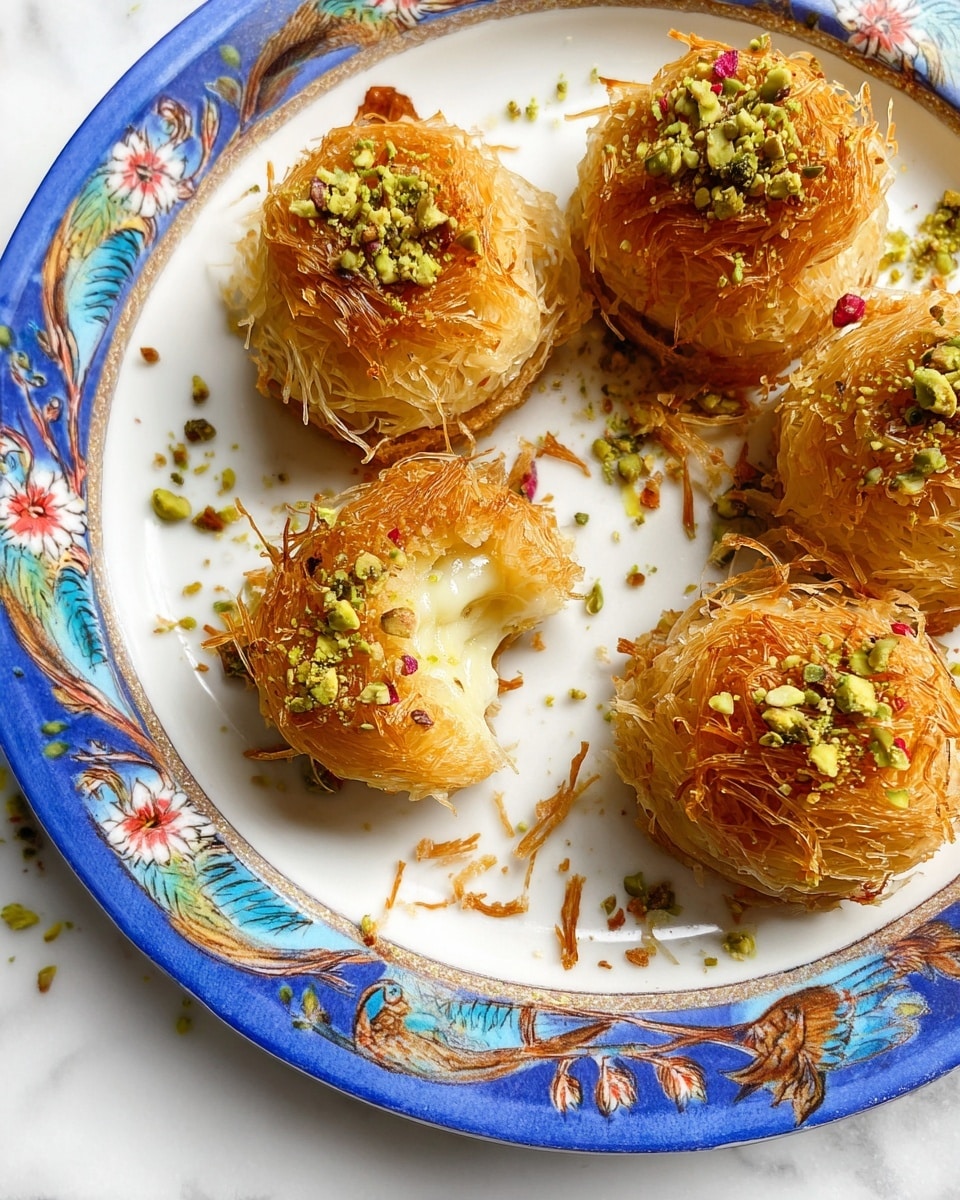The image shows five round, golden brown pastry bites made with fine, shredded layers of crispy filo dough arranged closely on a white plate that has a bright blue and floral patterned rim with birds and fruit designs. Each pastry has a crunchy, textured top sprinkled with chopped green pistachios and small red flakes. One pastry is broken open, revealing a creamy, pale yellow filling inside that contrasts with the crispy strands. Some loose filo strands and crushed pistachios are scattered on the plate. The plate is set on a white marbled surface. photo taken with an iphone --ar 4:5 --v 7