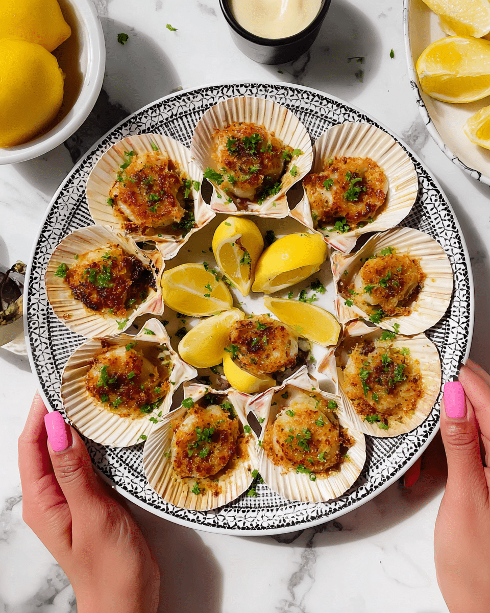 A white plate with a black and white patterned rim holds twelve scallops in their shells arranged evenly in two circles, each scallop topped with a golden-brown baked mixture and sprinkled with chopped green herbs. Between the scallops, there are bright yellow lemon wedges with green herb bits on them. The scallop shells are off-white with a slightly ridged texture, and the golden topping looks crispy with visible pieces of scallop underneath. Two woman's hands with pink nail polish hold the plate from opposite sides, and in the background to the top left, there is a white bowl with lemon halves and a small cup with sauce, all placed on a white marbled surface. photo taken with an iphone --ar 4:5 --v 7