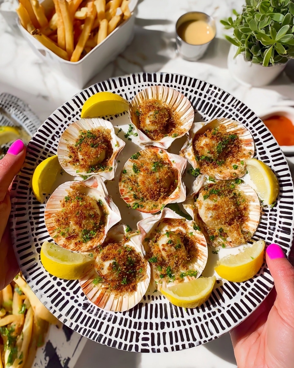 A white plate with a black and gray honeycomb pattern on the rim holds eleven scallops baked in their shells. Each scallop is topped with a golden brown breadcrumb mixture and chopped green herbs, with the white scallop meat visible under the topping. Bright yellow lemon wedges are placed around the scallops on the plate, adding a pop of color. A woman's hand with pink-painted nails holds the plate on both sides. In the background, a small bowl of fries in a white container with black paper, a dish with lemon halves, a small cup of sauce, and green plants can be seen on a white marbled surface. photo taken with an iphone --ar 4:5 --v 7