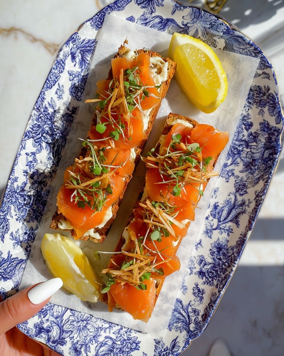 A white plate with intricate blue floral patterns holds two rectangular open-faced sandwiches placed side by side on a white parchment paper. Each sandwich has three main layers: the bottom toasted bread is golden brown and crispy, topped with evenly spaced dollops of creamy white spread, and finished with a generous amount of bright orange smoked salmon slices folded over each other. Thin, crispy fried strips and small fresh green microgreens sprinkle over the salmon. Two bright yellow lemon wedges are placed near the sandwiches, and a woman's hand with white nail polish is holding the edge of the plate. The background is a white marbled surface with soft natural light highlighting the dish. photo taken with an iphone --ar 4:5 --v 7