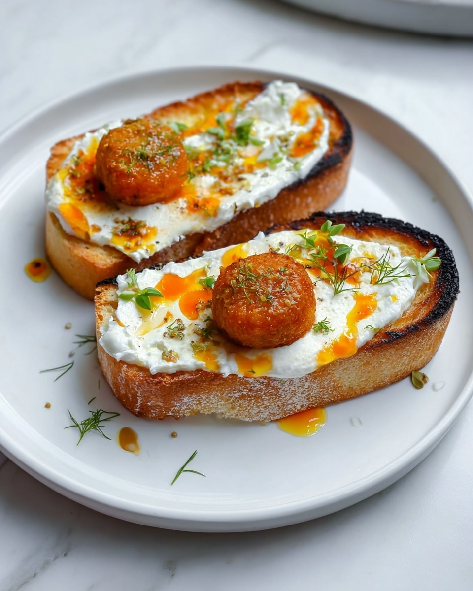 Two thick slices of toasted bread with a golden-brown crust form the base, each topped evenly with a creamy white spread. On top of the spread, there is a round, crispy, orange-brown fried ball placed almost in the center of each slice. Bright orange oil drizzles are scattered around, contrasting against the white spread, with small green herb sprigs sprinkled on top and around the bread. The plate is white, set on a white marbled surface, and the edges of the bread show slight charring. Photo taken with an iphone --ar 4:5 --v 7
