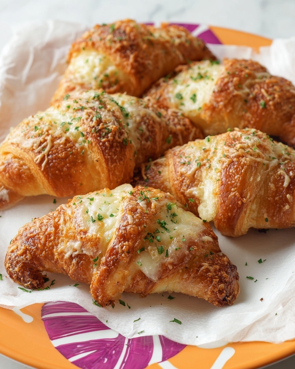 The image shows five golden brown crescent-shaped baked pastries on a tray lined with white parchment paper. Each pastry has a flaky, crispy surface with a slightly shiny texture and is topped with a layer of melted, shredded cheese that is light yellow and spread unevenly. Some pastries show a small amount of white creamy filling peeking out from the side. The tray is placed on a white marbled surface with some scattered cheese shreds nearby. The photo taken with an iphone --ar 4:5 --v 7