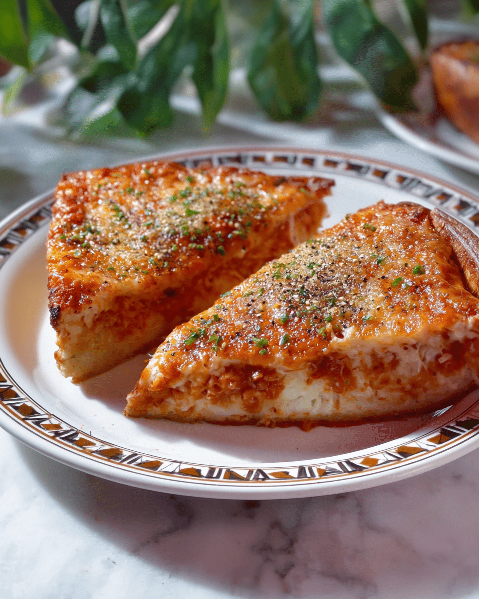 Two thick slices of pizza with a golden brown melted cheese top layer are placed on a white plate with a geometric patterned edge. The cheese is dotted with small green herbs and lightly browned spots, creating a textured look. Underneath the cheese is a bright red tomato sauce layer, visible near the crust edges, and a thick crust layer below that is light golden brown and fluffy. The plate is set on a white marbled textured surface with soft natural light, and some green leaves blur in the background. photo taken with an iphone --ar 4:5 --v 7