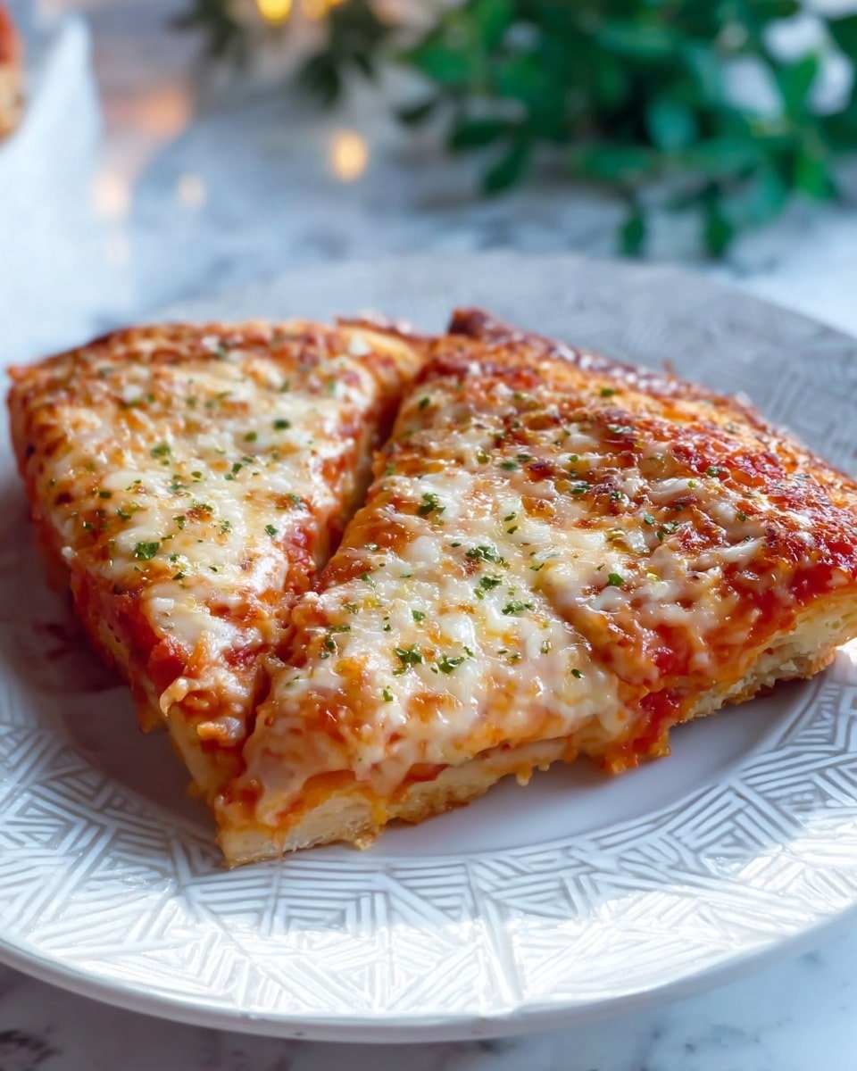 Two thick triangular slices of deep-dish pizza are placed side by side on a white plate with a patterned rim featuring small brown, beige, and black geometric shapes. The pizza has a golden-orange baked cheese top layer sprinkled with green herbs and black pepper. Underneath, a rich, reddish-brown tomato sauce and more melted cheese can be seen, followed by a thick, airy, golden crust at the bottom. The pizza looks cheesy, soft, and slightly greasy, sitting on a white marbled surface with blurred green leaves in the background. photo taken with an iphone --ar 4:5 --v 7