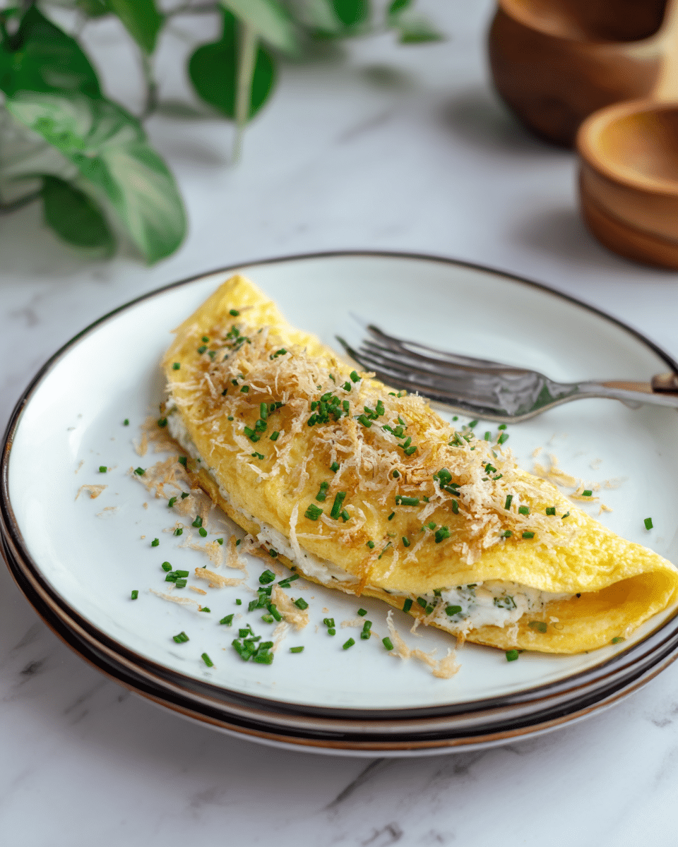 A folded yellow omelet sits in the center of a white plate with a thin dark rim. Inside, there is a creamy white filling visible at one edge. On top of the omelet, there is a layer of light beige crispy bits sprinkled all over, mixed with small green chive pieces scattered evenly. A silver fork rests diagonally on the plate above the omelet. The plate is placed on a white marbled surface with some green plant leaves and wooden bowls in the softly blurred background. photo taken with an iphone --ar 4:5 --v 7