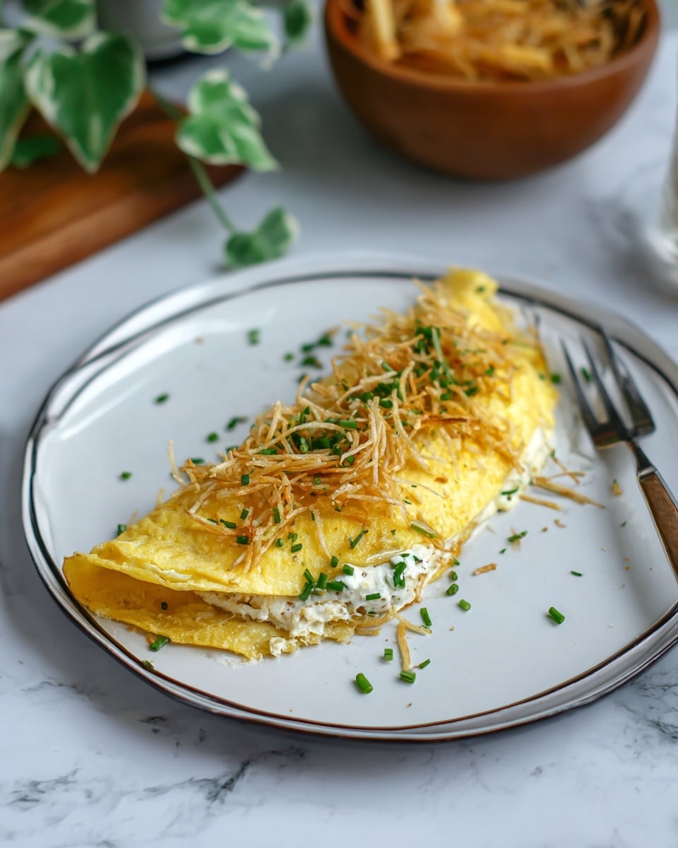A soft, yellow folded omelette sits on a white plate with a thin dark rim, topped with a generous layer of light brown crispy potato sticks and small green chopped chives scattered evenly. Inside the omelette, a creamy white filling is visible at one end. A silver fork rests diagonally on the plate next to the omelette. The plate is placed on a white marbled surface, with a blurred wooden bowl containing more crispy potato sticks and some green leafy plants shown in the background. photo taken with an iphone --ar 4:5 --v 7