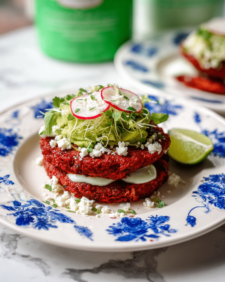 A stack of three thick, reddish-brown tortillas layered with white cream and crumbly white cheese sits in the center of a white plate with a blue floral pattern. The top layer is garnished with chopped light green lettuce, thin slices of radish with a red rim and white center, and small green herb leaves, adding fresh color and texture. A wedge of lime is placed on the plate's edge next to the stack. The background has a blurred green container and a second plate with a similar dish, all set on a white marbled surface. Photo taken with an iphone --ar 4:5 --v 7