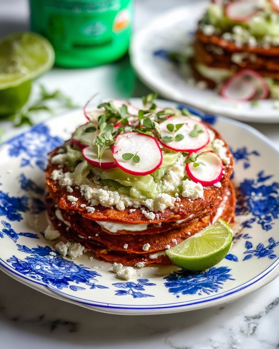 The dish shows two thick, bright red fried patties stacked on a white plate with blue floral patterns. Between the patties, there is some white creamy sauce visible. On top, the dish is covered with small white crumbly cheese, thinly sliced green lettuce, small green chopped herbs, and thin slices of radish, with a small dollop of white sauce at the very top. A lime wedge rests on the side of the plate. The plate is placed on a white marbled surface, and there is a blurred green container in the background. photo taken with an iphone --ar 4:5 --v 7