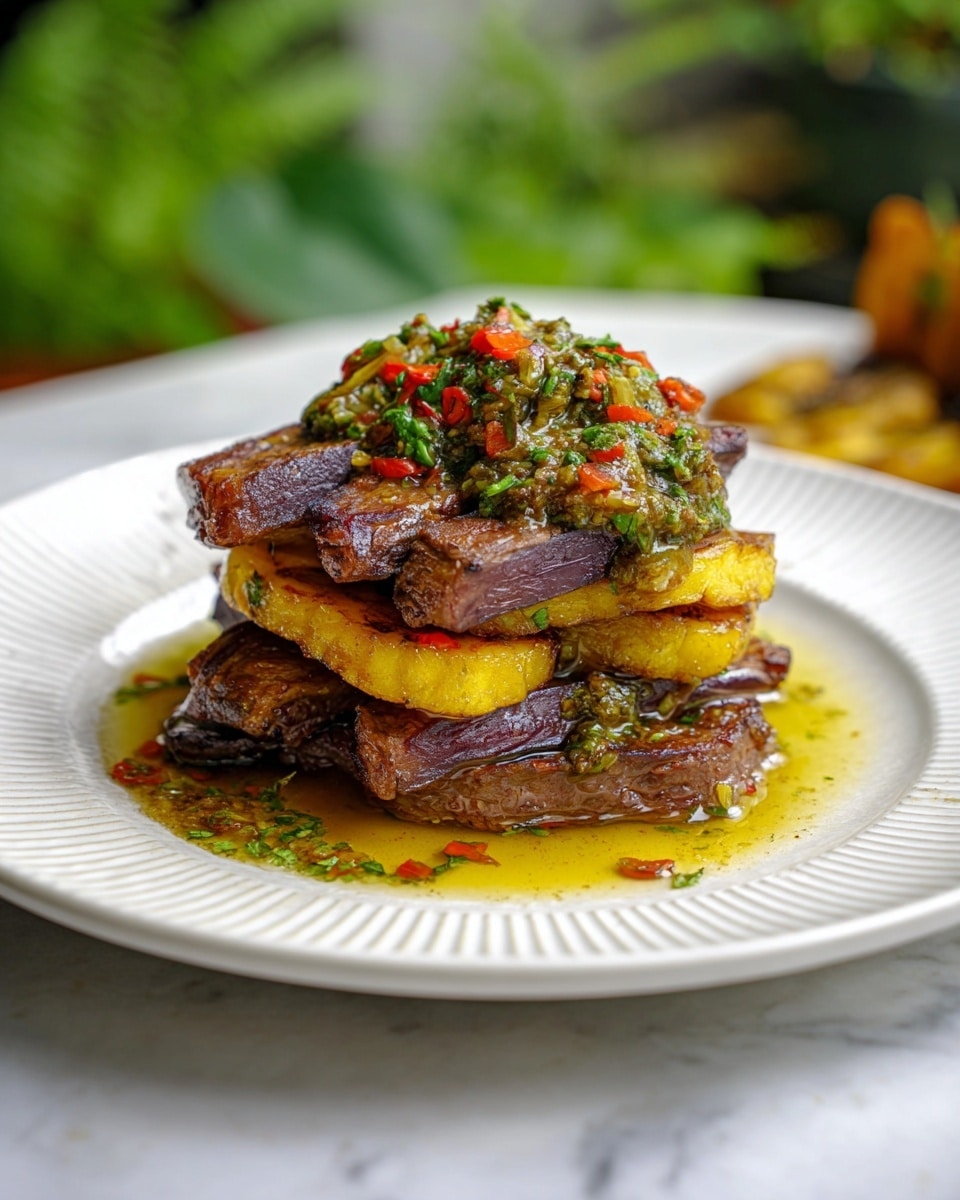 The dish shows a stack of three thick, medium-rare steak slices, each with a pink center and a browned outer edge, arranged like a sandwich on a white plate with subtle ridges. Between each steak layer, there is a golden-yellow mashed potato or creamy filling, with some green and red herb sauce drizzled on top and dripping down the sides. The herb sauce is bright green with small red chili pieces, giving a fresh and spicy look. A small pool of yellowish oil or sauce is collected at the base of the stack. In the background, a blurry glass bowl with the same herb sauce can be seen on a white marbled surface. A silver fork lies near the plate's edge. photo taken with an iphone --ar 4:5 --v 7
