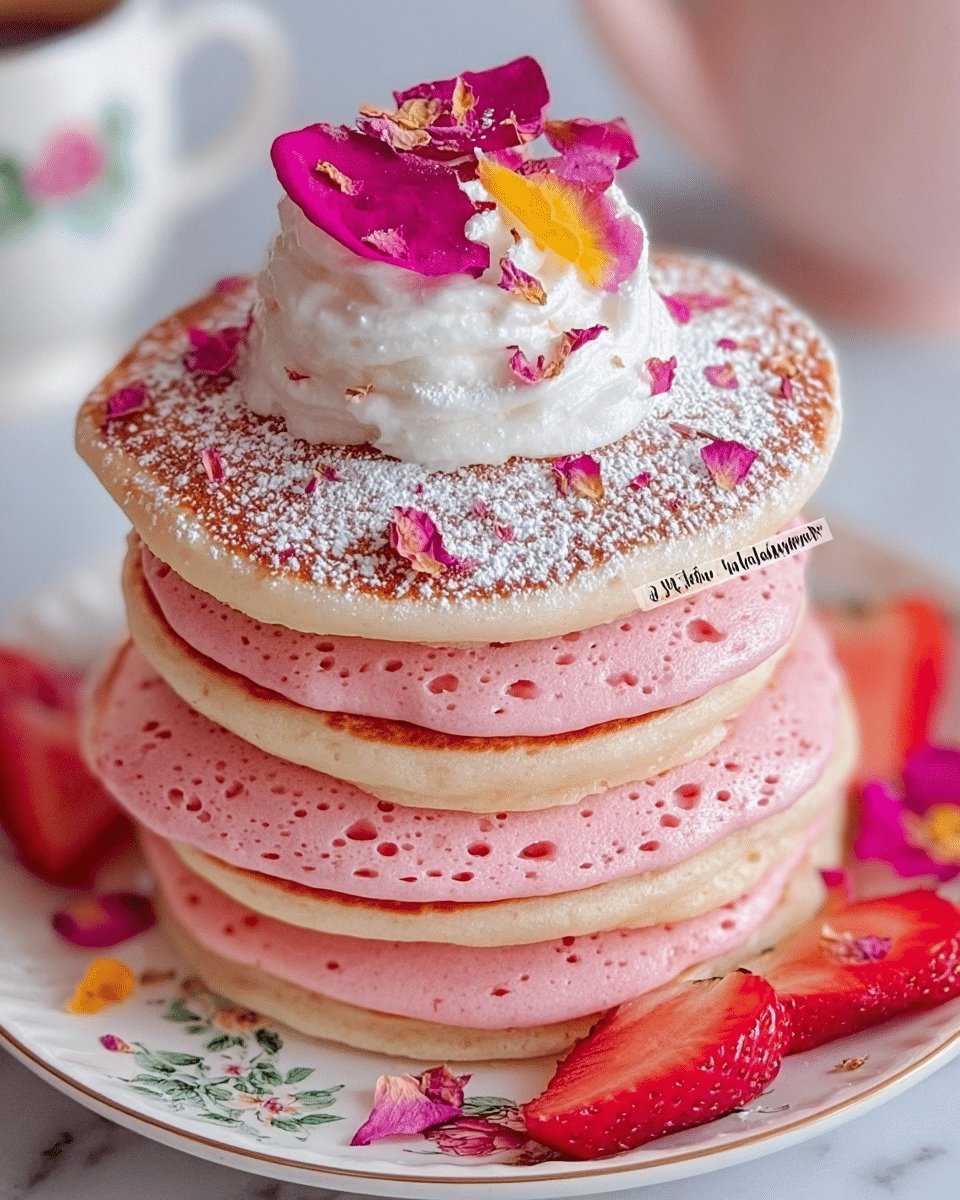 A stack of four thick, fluffy pink pancakes sits on a white plate with a floral pattern, placed on a white marbled surface. The pancakes have a light golden-brown top with small bubbles visible throughout their pink sides. The top pancake is dusted with powdered sugar and crowned with a dollop of white whipped cream, which is decorated with bright pink and yellow rose petals. Around the base of the pancake stack, a few scattered rose petals and slices of fresh strawberries are visible on the plate. photo taken with an iphone --ar 4:5 --v 7