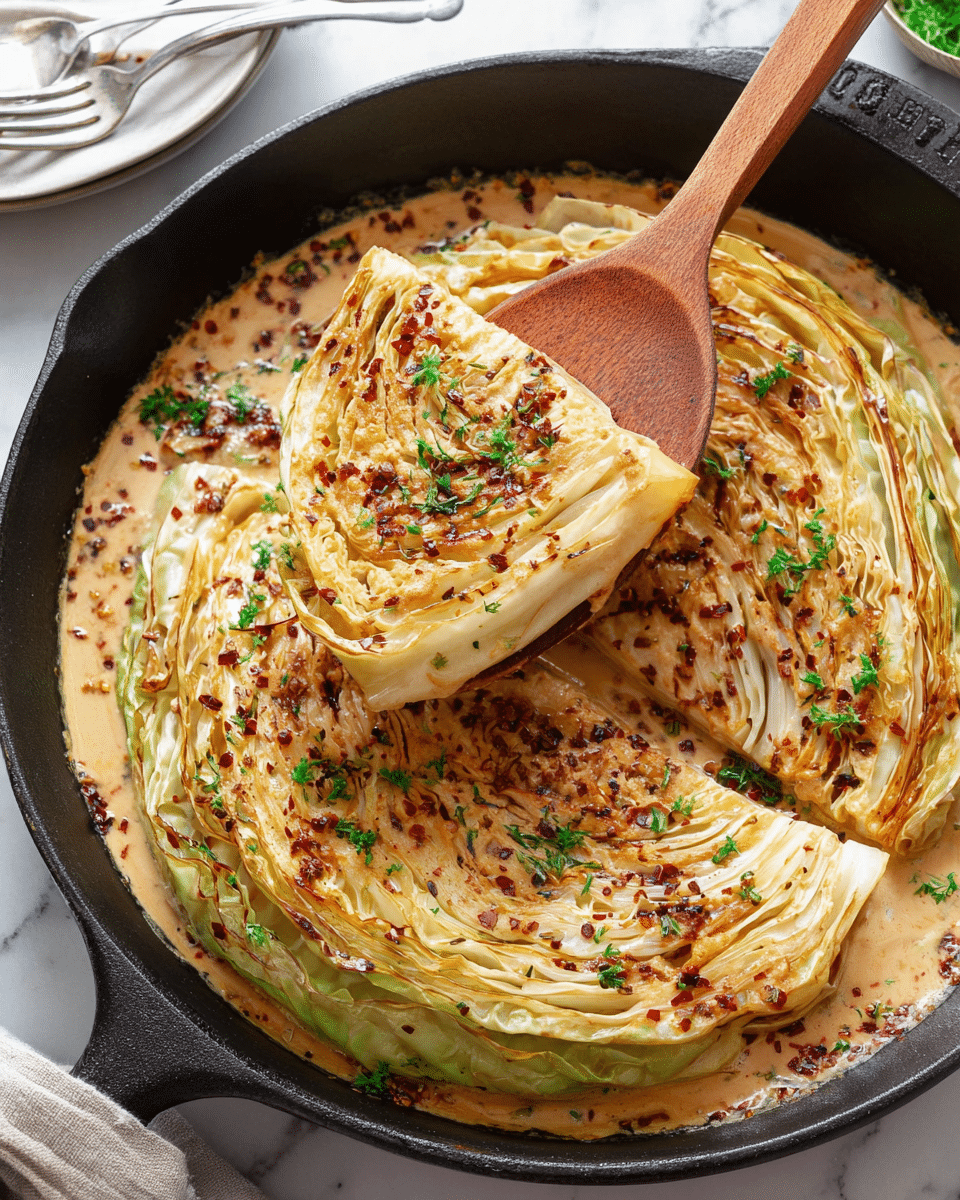 A black cast iron skillet holds three thick wedges of cooked cabbage, each wedge showing many layers of pale green and light yellow cabbage leaves with browned edges. The wedges sit in a light brown creamy sauce that covers the pan bottom, sprinkled with bits of dark red chili flakes and small green herb pieces. A wooden spatula lifts one wedge from the pan, showing the soft cooked texture and sauce coating. The white marbled surface under the skillet adds a clean look, with parts of white plates and silver forks visible in the corners. photo taken with an iphone --ar 4:5 --v 7