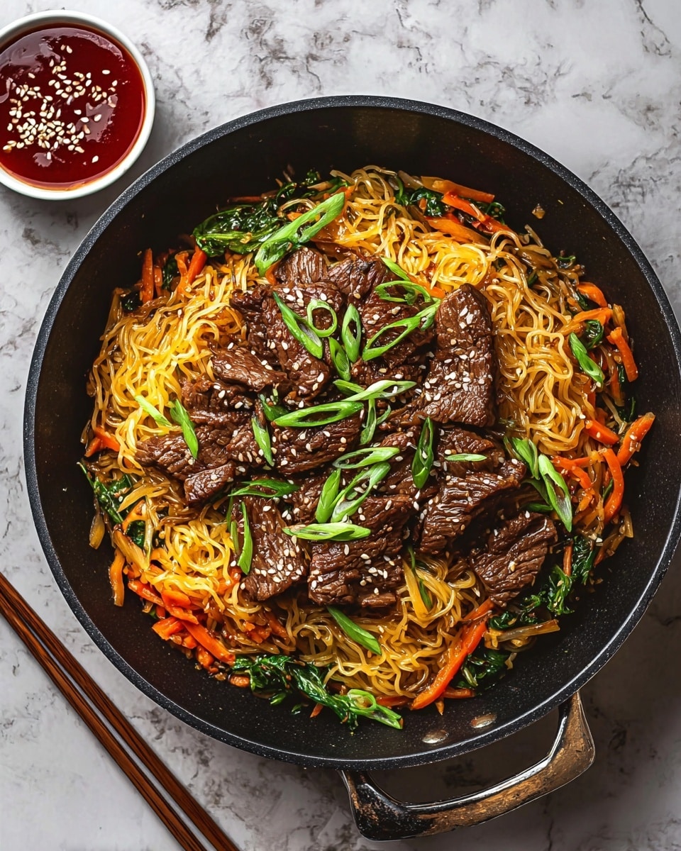 A black pan filled with a colorful dish showing three main layers: the bottom layer is light yellow noodles with a glossy, soft texture; the middle layer is shredded orange carrots and some green leafy vegetables mixed in around the noodles; the top layer is dark brown pieces of beef placed evenly on top, garnished with sliced green onions and sprinkled sesame seeds for texture. To the top left of the pan, there is a small white bowl of red sauce with sesame seeds on top. Wooden chopsticks lie at the bottom right on a white marbled surface. photo taken with an iphone --ar 4:5 --v 7