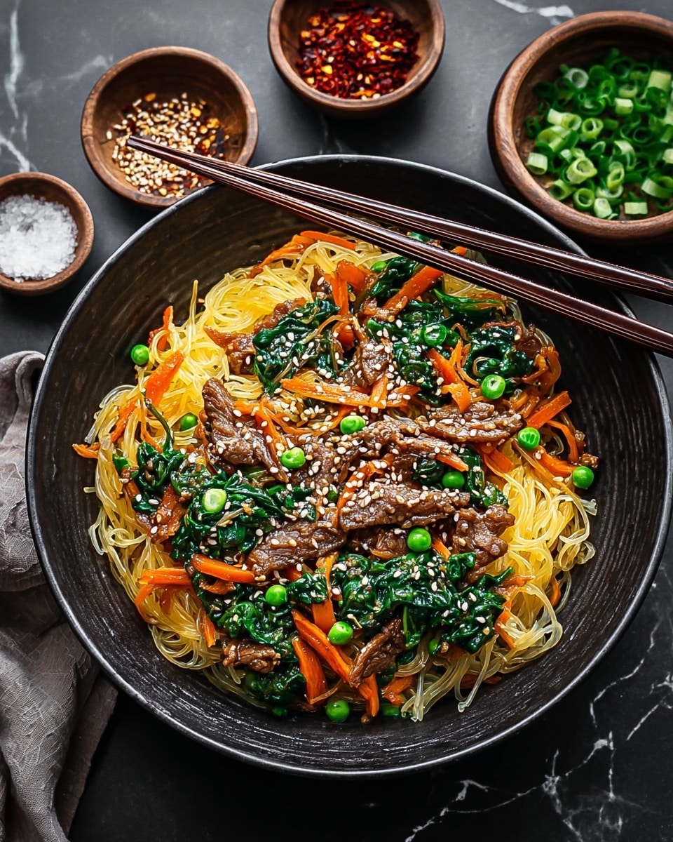 A black bowl filled with a base layer of light yellow thin noodles, topped with a mix of dark green spinach leaves, bright orange carrot strips, green peas, and brown pieces of cooked meat, all sprinkled with white sesame seeds. A pair of dark brown chopsticks rests on the bowl's edge. Around the bowl are small brown bowls with coarse white salt, leafy greens, and red chili flakes, all placed on a white marbled surface. photo taken with an iphone --ar 4:5 --v 7
