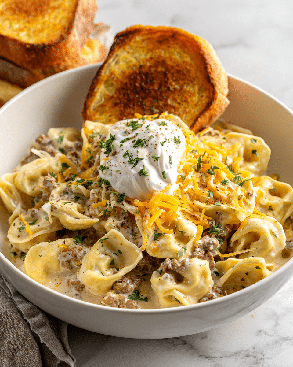 A white bowl filled with about three layers: the bottom layer is cooked ground meat with a brown color and slightly crumbly texture, the middle layer consists of pale yellow tortellini pasta with a smooth surface, and the top layer shows melted yellow and orange cheese sprinkled evenly over the pasta and meat. In the center, there is a dollop of white sour cream topped with small green herb pieces. The dish is placed on a surface with a white marbled texture. photo taken with an iphone --ar 4:5 --v 7