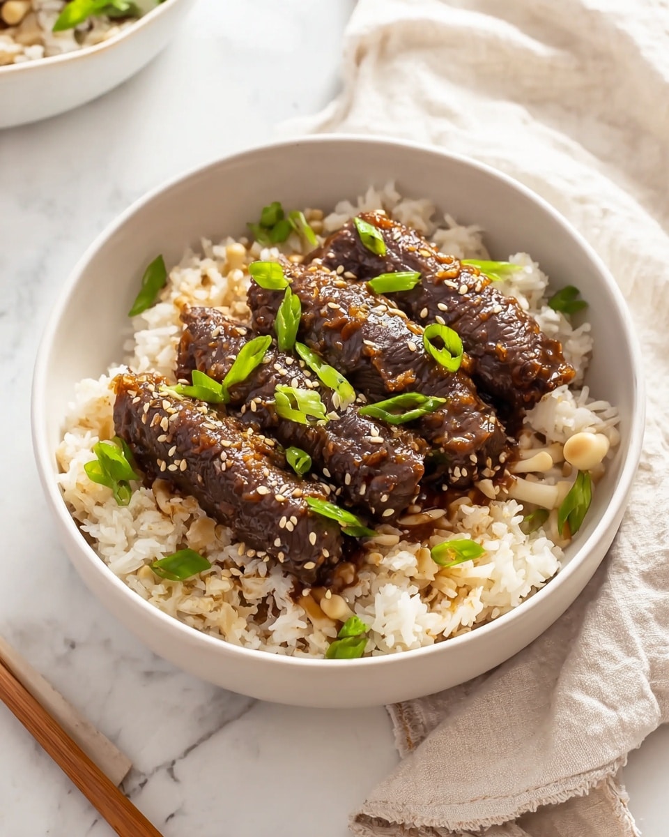 The dish shows about a dozen small rolls of thin dark brown beef wrapped tightly around light beige enoki mushrooms, arranged neatly in a shallow white bowl filled halfway with a glossy, dark brown sauce. The rolls are topped with scattered white sesame seeds and thin diagonally sliced green onions that add a fresh pop of color. Around the bowl, there are other white bowls with plain white rice, and small bowls with sesame seeds and green onion slices. The whole scene sits on a white marbled surface with soft natural light highlighting the textures and colors. photo taken with an iphone --ar 4:5 --v 7