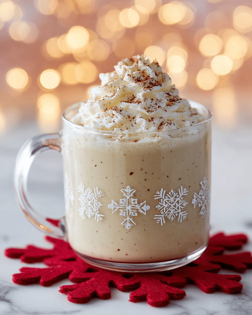 A clear glass mug decorated with white snowflake patterns holds a thick, creamy beige drink filling most of the glass, topped with a swirl of white whipped cream sprinkled lightly with brown spice, all placed on a red felt snowflake mat that lies on a white marbled surface, with soft yellow bokeh lights in the blurred background and a small white bowl with a gold spoon nearby photo taken with an iphone --ar 4:5 --v 7