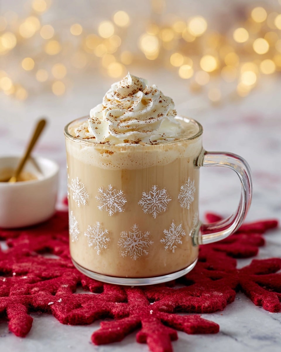 A clear glass mug with white snowflake designs is filled with a creamy, light beige drink that shows tiny dark flecks, suggesting spice or vanilla; it is topped with a generous swirl of white whipped cream sprinkled with cinnamon powder, sitting on a bright red felt snowflake-shaped coaster, all against a white marbled background with soft blurred warm light circles in the distance. photo taken with an iphone --ar 4:5 --v 7