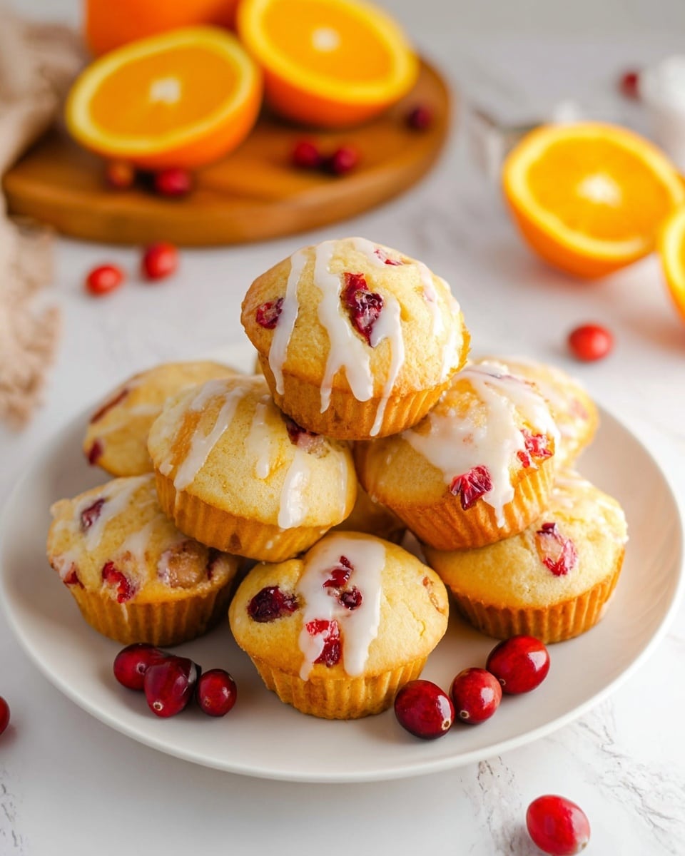 A white plate stacked with about eight golden brown muffins, each with visible bright red cranberry pieces inside and drizzled with a light, glossy white icing on top. The muffins have a soft texture and are arranged in a small pile with some whole red cranberries placed around them. In the background, there are two halved oranges showing their vibrant orange flesh, set on a wooden board on a white marbled surface. The scene has a fresh and bright feel, with warm natural lighting. photo taken with an iphone --ar 4:5 --v 7