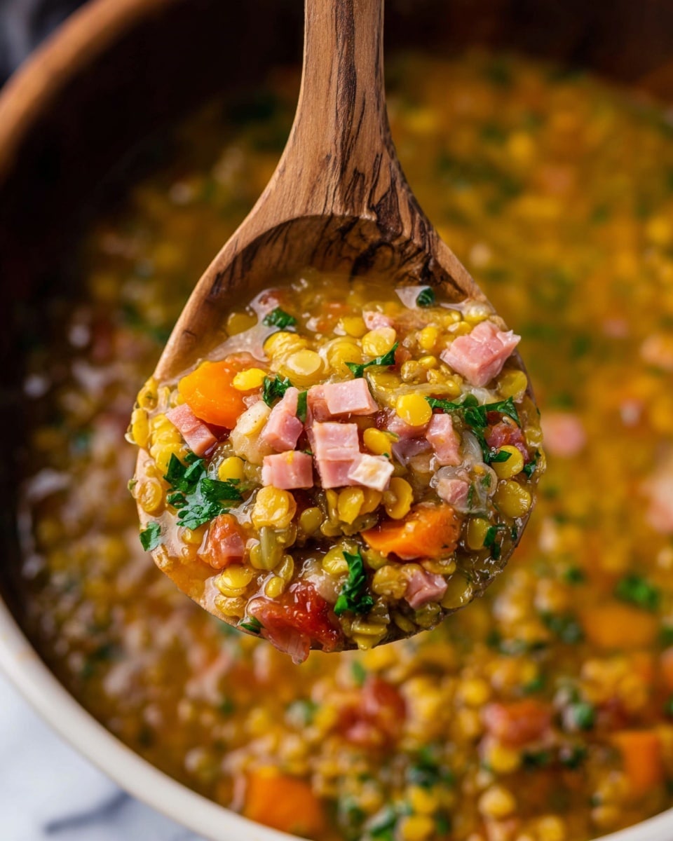 The image shows a close-up of a wooden spoon holding a thick soup with multiple layers of ingredients. The top layer has small yellow lentils, diced pink ham, and chopped green herbs scattered throughout. Below these, visible in the spoon and in the soup bowl beneath, are soft orange carrot slices and small bits of red tomato, all mixed in a golden, slightly translucent broth. The background is blurred but shows more of the same colorful soup in a white bowl, all placed on a white marbled surface. Photo taken with an iphone --ar 4:5 --v 7