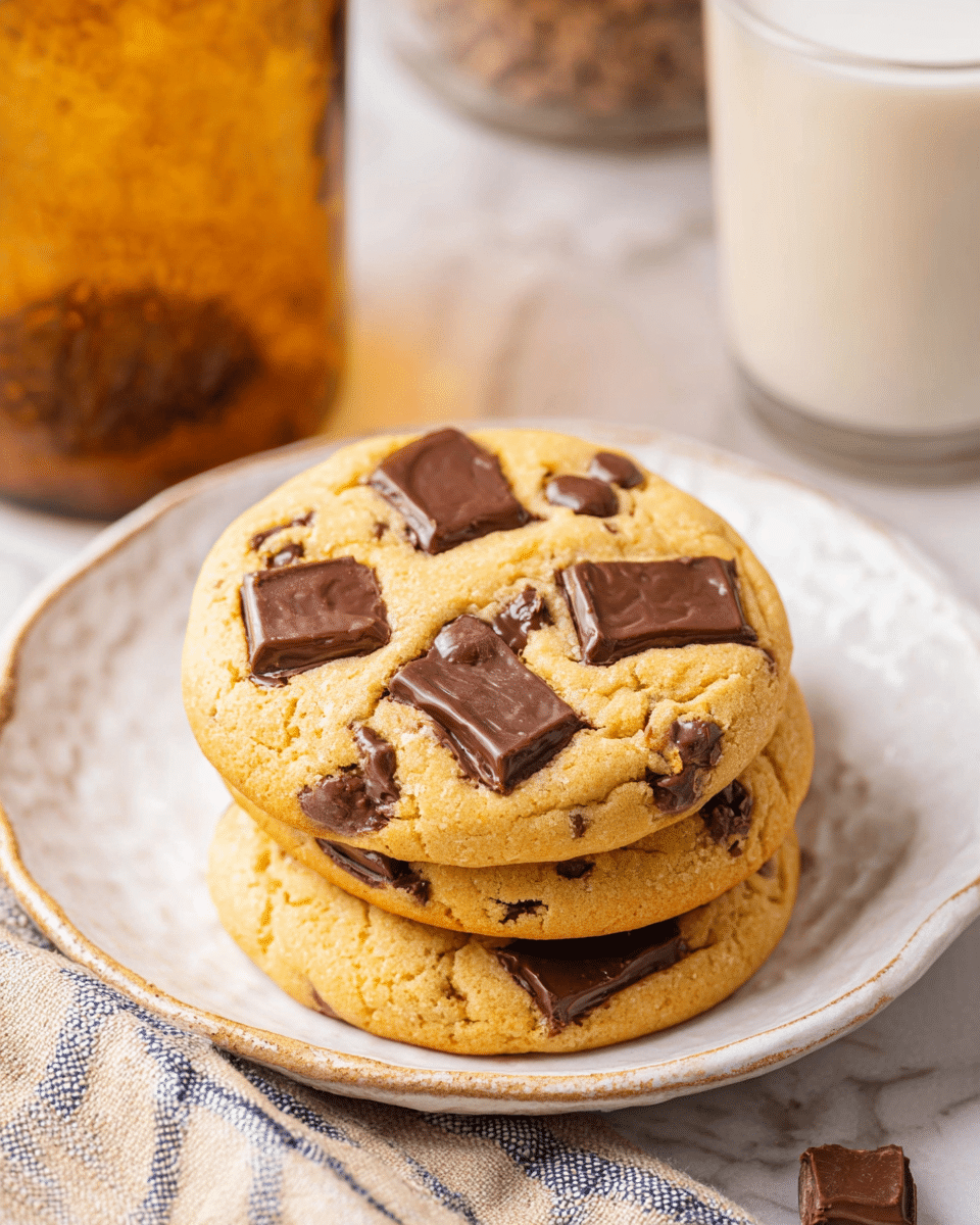 Three large chocolate chip cookies with golden-brown edges and soft, slightly cracked surfaces are stacked loosely on a white plate with a rough edge. Each cookie has several thick chocolate chunks scattered on top, adding dark brown contrast to the light cookie dough. The plate sits on a white marbled textured surface with a beige and blue striped cloth napkin nearby. In the background, there is a large amber glass bottle and a clear glass filled with milk. photo taken with an iphone --ar 4:5 --v 7