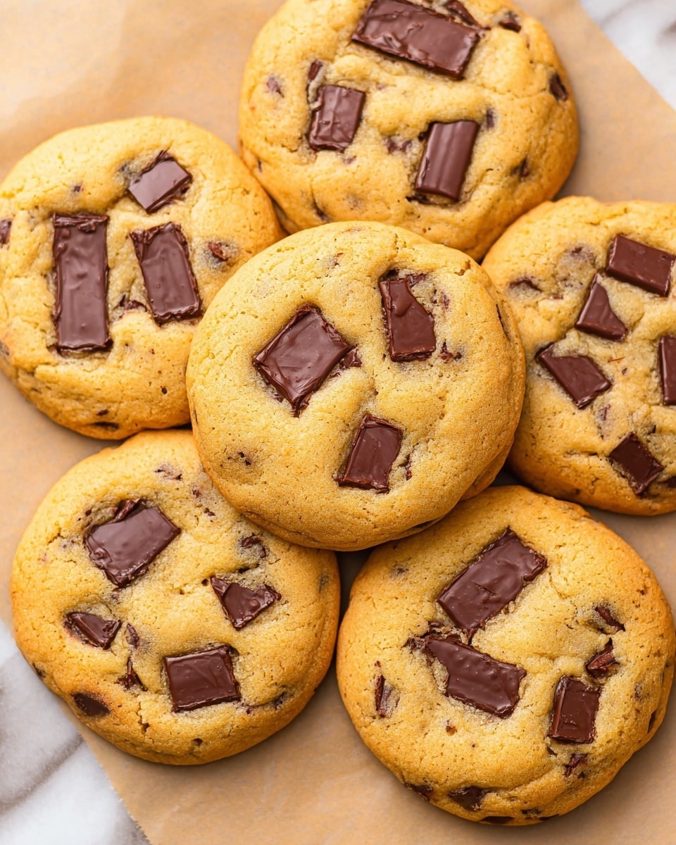 The image shows a close-up of six round, soft chocolate chip cookies with a golden brown top layer. Each cookie's surface is dotted with thick, rectangular dark brown chocolate chunks that are slightly melted, creating a smooth and glossy texture contrasting with the more matte cookie dough. The cookies have a slightly raised, puffy shape with soft, uneven edges and small cracks indicating a tender, baked texture. They rest closely together on a flat, light brown parchment paper which sits on a white marbled texture surface. photo taken with an iphone --ar 4:5 --v 7