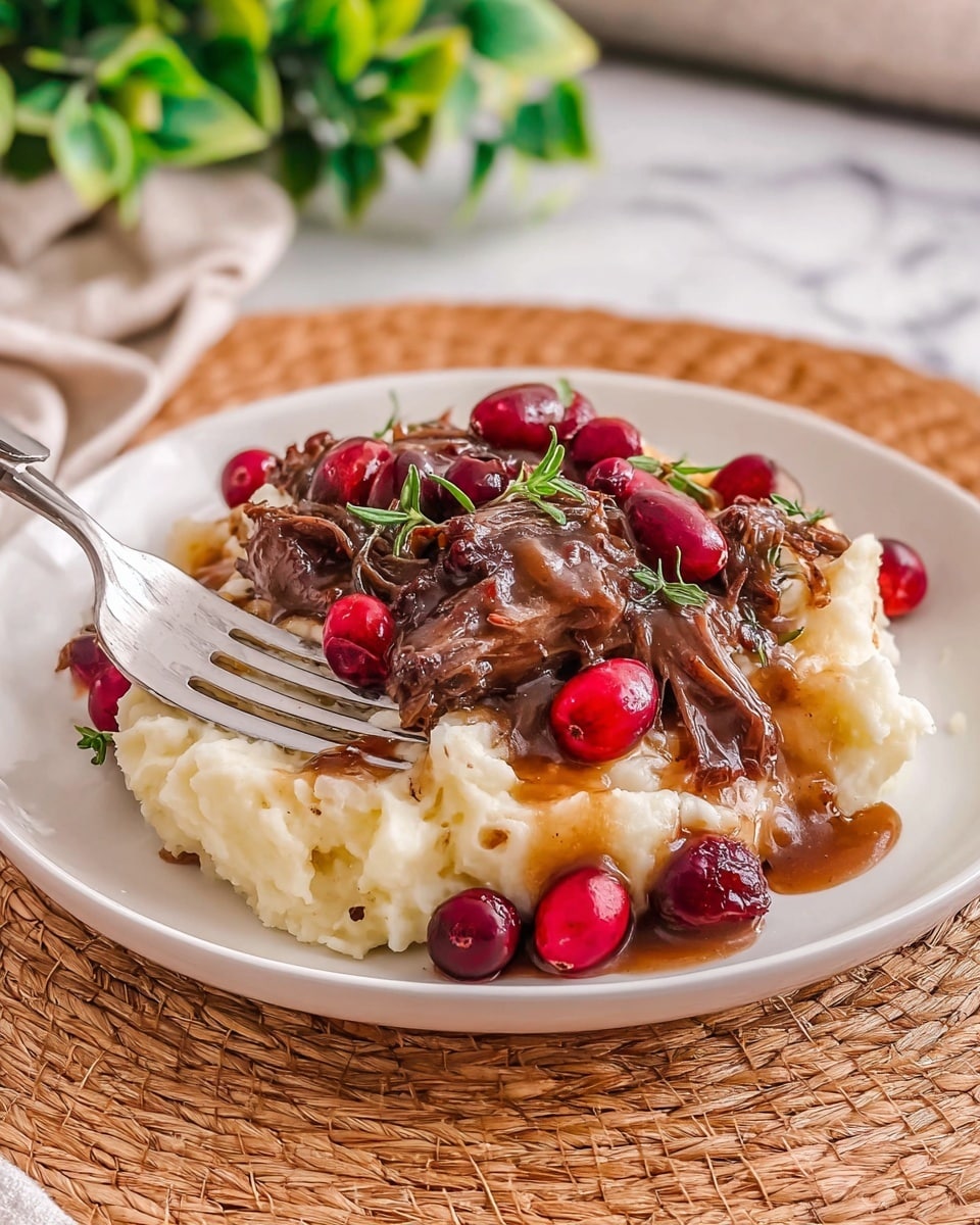 A white plate holds a base layer of creamy, soft mashed potatoes with a smooth and slightly chunky texture. On top, there is a thick, rich brown gravy layered generously over the mashed potatoes, covering tender chunks of dark brown meat. Scattered along the top are whole, bright red cranberries adding a glossy and fresh contrast. Small sprigs of green herbs are sprinkled across the dish, adding a touch of color and freshness. A fork is inserted into the meat and gravy at the center of the plate, ready to take a bite. The plate sits on a round woven mat, with a blurred white marbled surface in the background and a small green leafy plant visible to the side. photo taken with an iphone --ar 4:5 --v 7