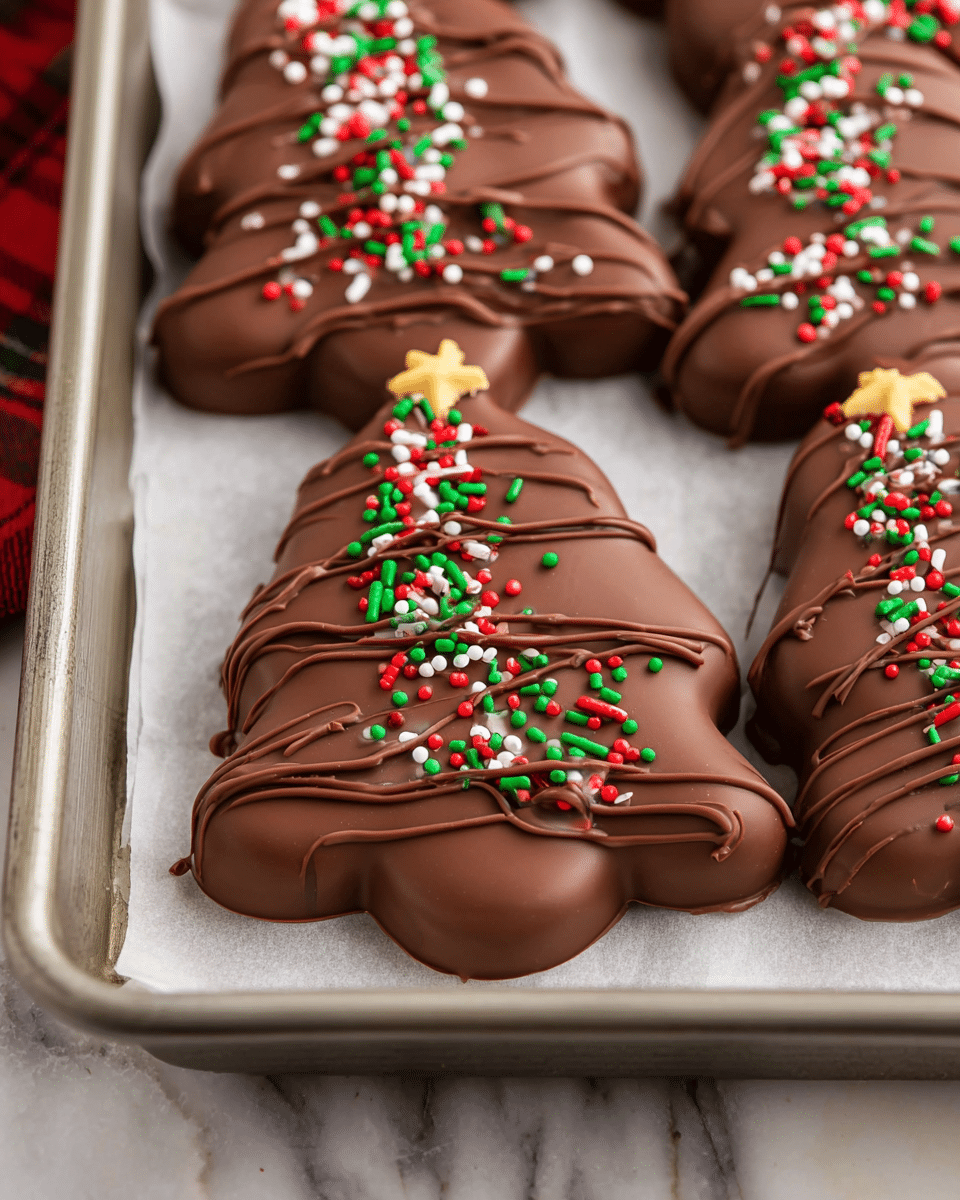 The image shows several tree-shaped treats covered in smooth, shiny milk chocolate, resting on a white parchment paper inside a silver baking tray. Each tree has a thin chocolate drizzle arranged in gentle wavy lines from top to bottom. They are decorated with small red, white, and green sprinkles spread evenly over the surface and topped with a small yellow star sprinkle at the peak. The trees have soft rounded edges and a solid, thick chocolate coating giving them a dense, smooth texture. The tray sits on a white marbled textured surface. photo taken with an iphone --ar 4:5 --v 7