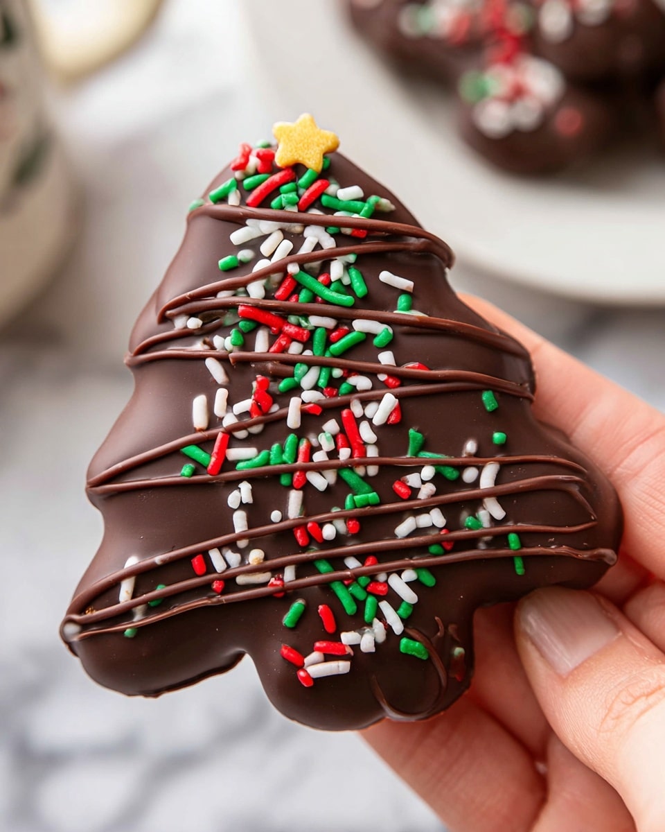 A close-up view of a Christmas tree-shaped treat coated in smooth, glossy dark chocolate with a slightly bumpy texture. It has thin dark chocolate lines zigzagging from top to bottom, decorated with small red, white, and green cylindrical sprinkles scattered all over, with a tiny yellow star sprinkle near the top. A woman's hand is holding the treat on the right side, showing natural skin tones and short nails. The background features a white marbled surface slightly blurred to highlight the treat. Photo taken with an iphone --ar 4:5 --v 7