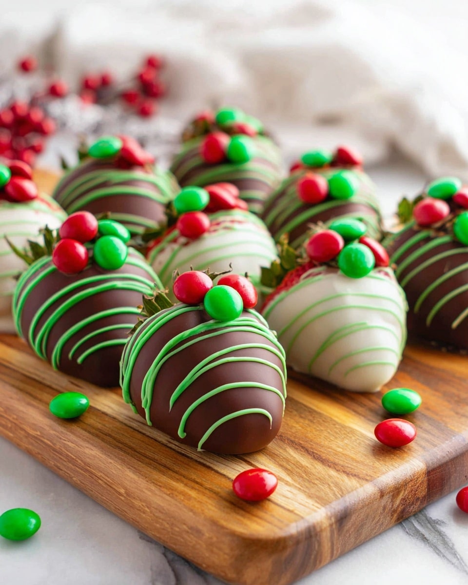 The image shows two rows of large strawberries covered in smooth chocolate, arranged on a wooden board. Each strawberry is coated in either dark brown chocolate or white chocolate, with three layers of decoration on top: thin green lines drizzled over the chocolate, round red candies, and round green candies placed evenly on the drizzled lines, resembling holiday lights. The wooden board has a natural grain and warm tone. A few red and green candies are scattered around the board. The background is a soft, white marbled texture with a blurred white cloth in the distance, adding brightness to the scene. photo taken with an iphone --ar 4:5 --v 7