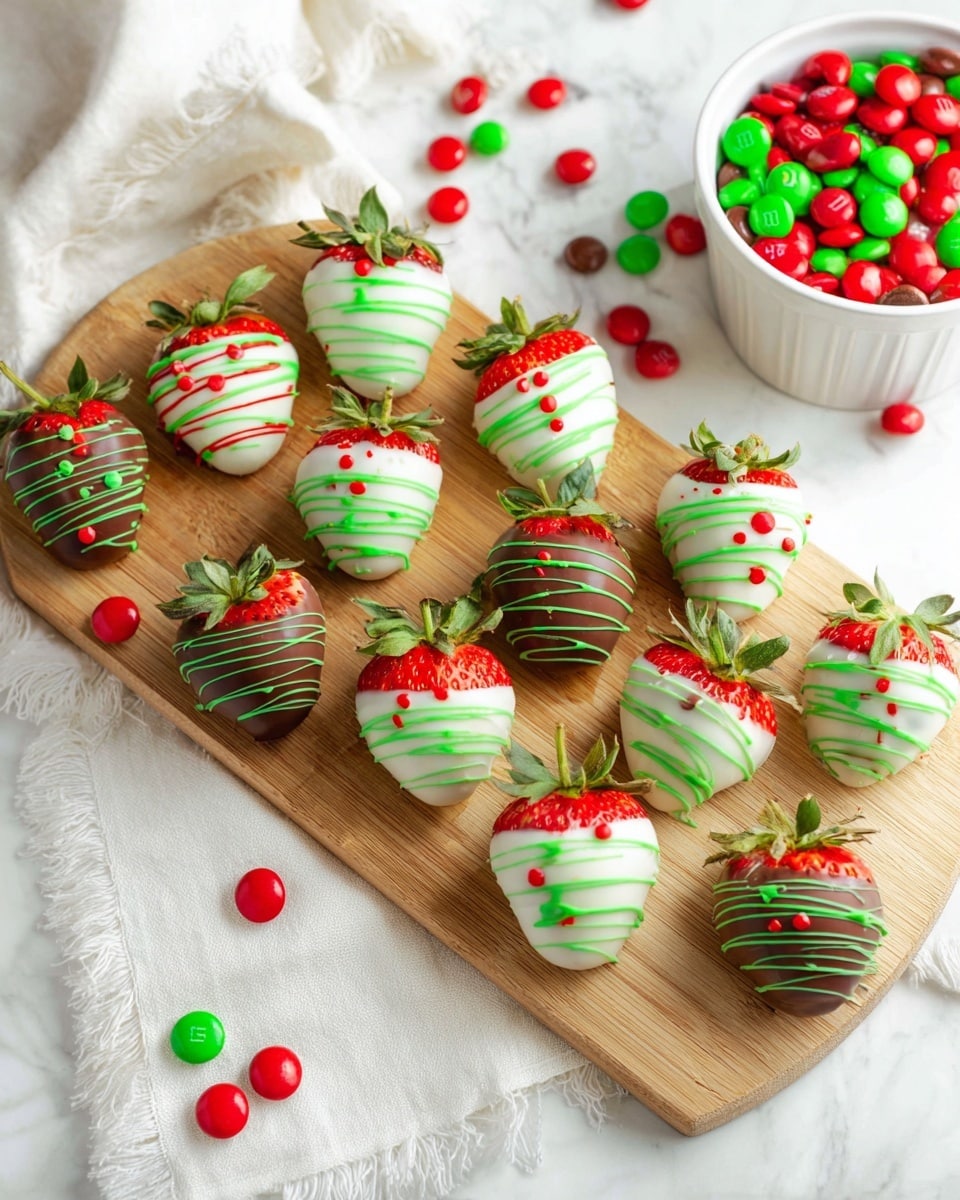 The image shows a wooden board placed on a white marbled surface, holding a dozen strawberries covered in two different coatings: half are dipped in smooth white chocolate and the other half in glossy milk chocolate. Each strawberry is decorated with green icing drizzles swirling around the berry and topped with small red and green candy-coated chocolates scattered evenly. The strawberry tops with green leaves are visible. To the side, a white bowl filled with red and green candy chocolates sits on a white cloth with frayed edges, and some candies are spilled around the board. photo taken with an iphone --ar 4:5 --v 7