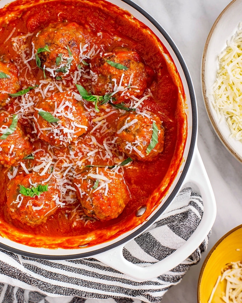 This image shows a white pan filled with several meatballs in a thick, bright red tomato sauce. Each meatball is covered in the sauce and sprinkled with shredded white cheese and small green leaves for garnish. The sauce has a chunky texture with visible pieces of tomato. The pan rests on a striped cloth on a white marbled surface, with parts of a white dish of shredded cheese and a small yellow bowl visible at the edges. photo taken with an iphone --ar 4:5 --v 7