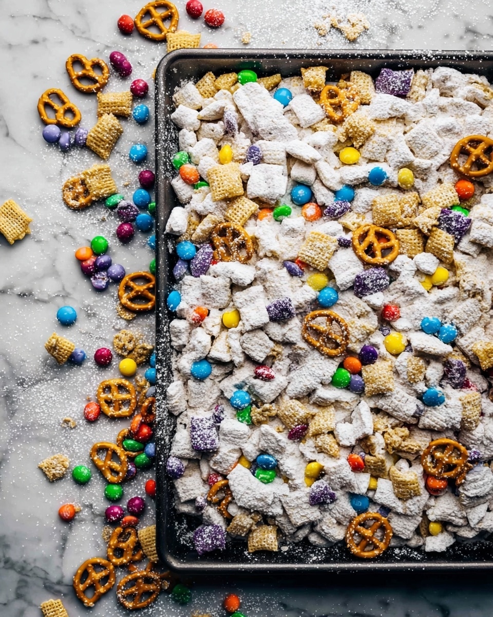 A large black rectangular tray is filled with a mix of treats layered densely on top of each other. The base layer consists of light-colored bite-sized pieces coated with powdered sugar, giving a soft white dusted texture. Scattered brightly colored candy-coated chocolate pieces in shades of orange, blue, green, purple, yellow, and red add pops of color over the powder-covered pieces. Mixed in are small golden tan animal-shaped crackers and twisted pretzels covered in powdered sugar, adding a crunchy texture and deeper tones. Around the tray, candies and some of the coated treats spill onto a white marbled surface, dusted lightly with powdered sugar. The overall effect is a festive, colorful, and textured snack mix. photo taken with an iphone --ar 4:5 --v 7