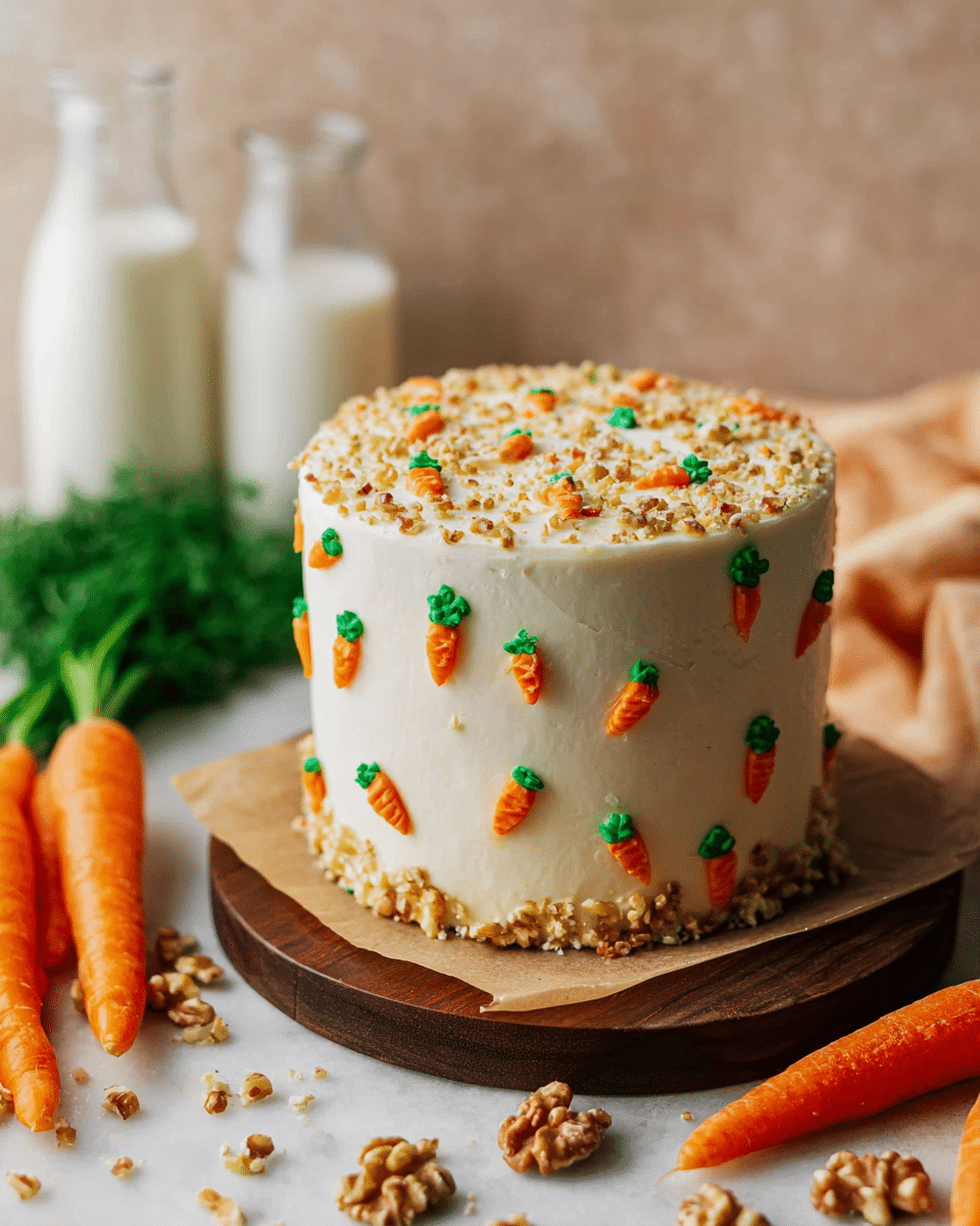 A round, tall carrot cake with smooth white frosting covers the whole cake. Tiny, bright orange and green carrot shapes made of icing are scattered all over the cake’s sides and top. Crushed walnuts are sprinkled on the cake’s top and around the base, with some pieces falling on the white marbled surface under it. The cake sits on a thin sheet of brown parchment paper placed on a dark wooden round board. Fresh whole carrots rest near the cake, and two glass bottles half-filled with milk stand blurred in the soft beige background. Photo taken with an iphone --ar 4:5 --v 7