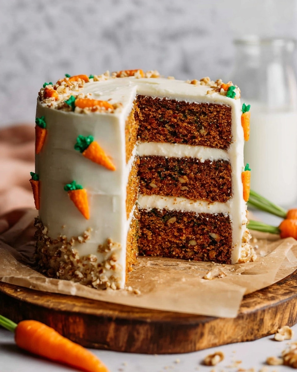A tall carrot cake with three thick layers of moist, dark orange cake separated by creamy white frosting layers is shown with a slice cut out. The cake is covered with smooth white frosting decorated with small, orange and green carrot shapes made of icing on the sides and top. Crumbled nuts are sprinkled lightly over the top and around the base. The cake sits on brown parchment paper on a rustic wooden board, with a fresh small carrot placed nearby. The background is a soft white marbled texture, and a glass bottle of milk is out of focus behind the cake. Photo taken with an iphone --ar 4:5 --v 7