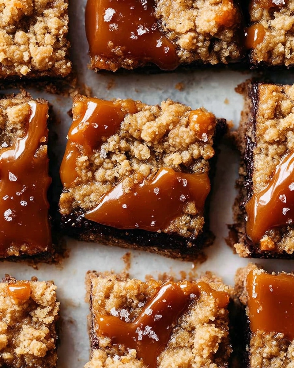 The image shows several square-shaped dessert bars with three clear layers. The top layer is a crumbly, golden-brown oat crumble with a rough texture. The middle layer is a glossy, rich caramel sauce flowing unevenly over the bars. The bottom layer is a dark, dense chocolate base that peeks through the caramel and crumble in some areas. The bars are arranged closely together with one square missing in the upper right, revealing the white marbled surface underneath. There are small flecks of coarse salt sprinkled on top of the caramel, adding a touch of texture and contrast. Photo taken with an iphone --ar 4:5 --v 7