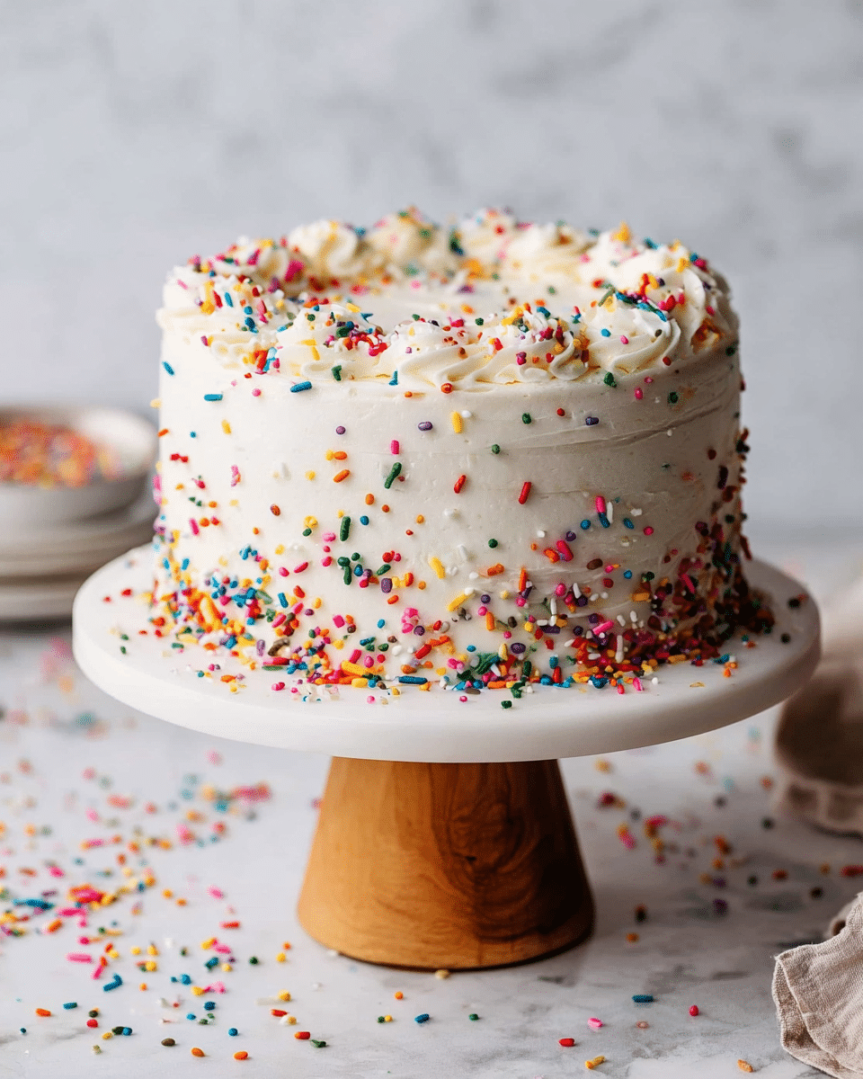 A two-layer round cake covered in smooth white frosting with a slightly swirled texture on the top and sides. The cake is decorated with colorful round and rod-shaped sprinkles scattered generously on the top, sides, and around the base on a white cake stand with a wooden pedestal. The background is a soft white marbled texture with some sprinkles spilled on the surface nearby. photo taken with an iphone --ar 4:5 --v 7
