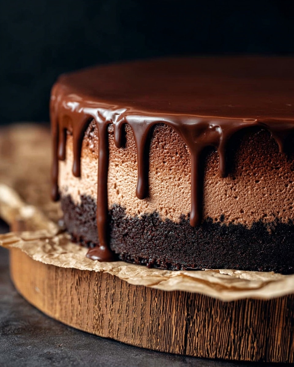 The image shows a rich, layered chocolate cake resting on brown parchment paper and a wooden board with deep texture. The cake has three main layers: a dark, dense bottom layer resembling a chocolate crust, a thick middle layer of light and airy chocolate mousse with a rough texture, and a smooth, glossy dark chocolate ganache dripping down the sides in thick drips. The background is dark, making the cake stand out sharply. The photo taken with an iphone --ar 4:5 --v 7