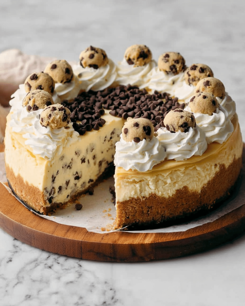 A thick, round cheesecake with a golden-brown cookie crust forms the base, filled with creamy, pale yellow cheesecake speckled with small chocolate chips throughout. On top of the cheesecake, there is a circle of white whipped cream swirls, each topped with a small scoop of cookie dough and sprinkled with mini chocolate chips, with more chocolate chips scattered in the center of the cake. The cheesecake sits on a wooden board over a white marbled surface, with one slice removed to show the inside layers clearly. The photo taken with an iphone --ar 4:5 --v 7