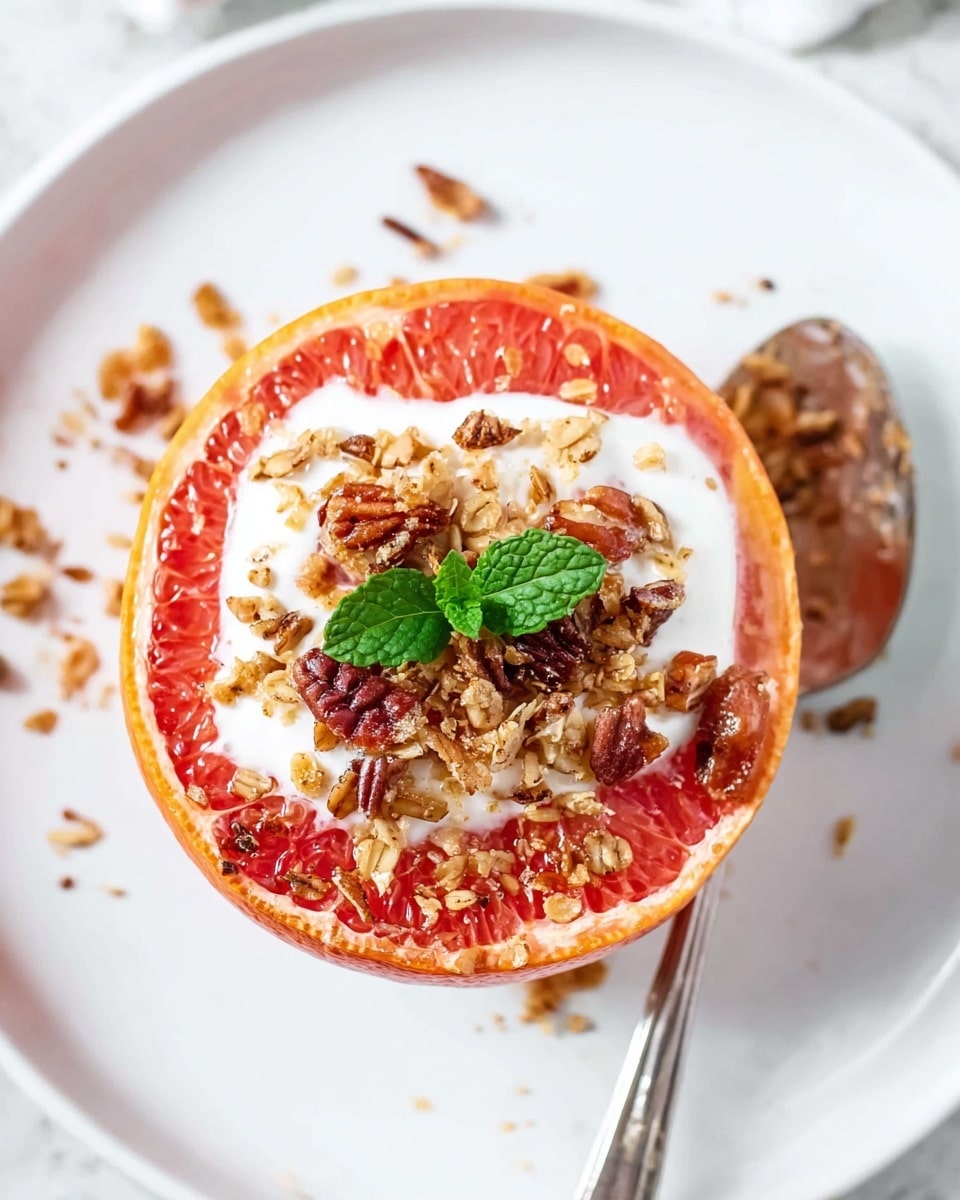 The image shows a halved baked grapefruit served on a white plate with a white marbled texture background. The grapefruit has a bright red, juicy base layer with a roasted, slightly caramelized texture around the edges. On top, there is a generous dollop of white cream or yogurt, covered with a mix of brown granola and pecan pieces sprinkled unevenly around. A small green mint leaf sits neatly at the front, adding a fresh color contrast. Some granola crumbs are scattered around the plate, and the visible part of a spoon leans against the grapefruit. Photo taken with an iphone --ar 4:5 --v 7