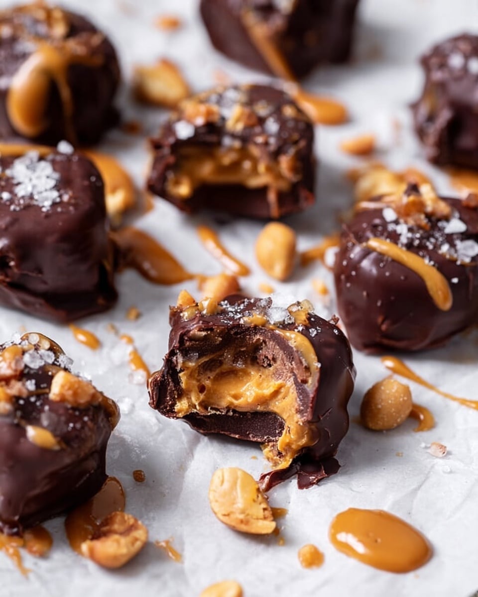 The image shows several small chocolate-covered treats placed on white parchment paper over a white marbled surface. Each treat has one or two layers: the outer layer is thick, glossy dark chocolate with some salt sprinkled on top, and inside, a rich creamy peanut butter filling is visible, which looks smooth and slightly runny. Some of the treats show broken pieces, revealing a dense, chewy-looking chocolate and peanut center. There are also some scattered peanuts and drizzles of peanut butter and melted chocolate around the treats, adding texture and color variation. photo taken with an iphone --ar 4:5 --v 7
