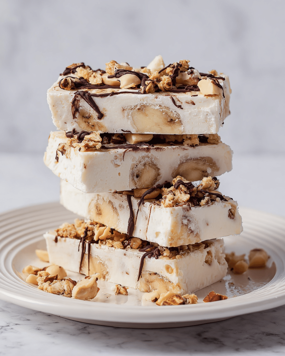 A stack of four unevenly cut white frozen dessert bars sits on a white plate with subtle ridges. Each bar has a creamy texture with pieces of banana embedded within the thick white layer. The top of each bar is sprinkled with crushed nuts and granola clusters, and thin dark chocolate streaks run across the surface, adding contrast. Small pieces of the toppings have fallen around the base of the stack. The background features a soft white marbled texture, giving a clean and simple look. photo taken with an iphone --ar 4:5 --v 7