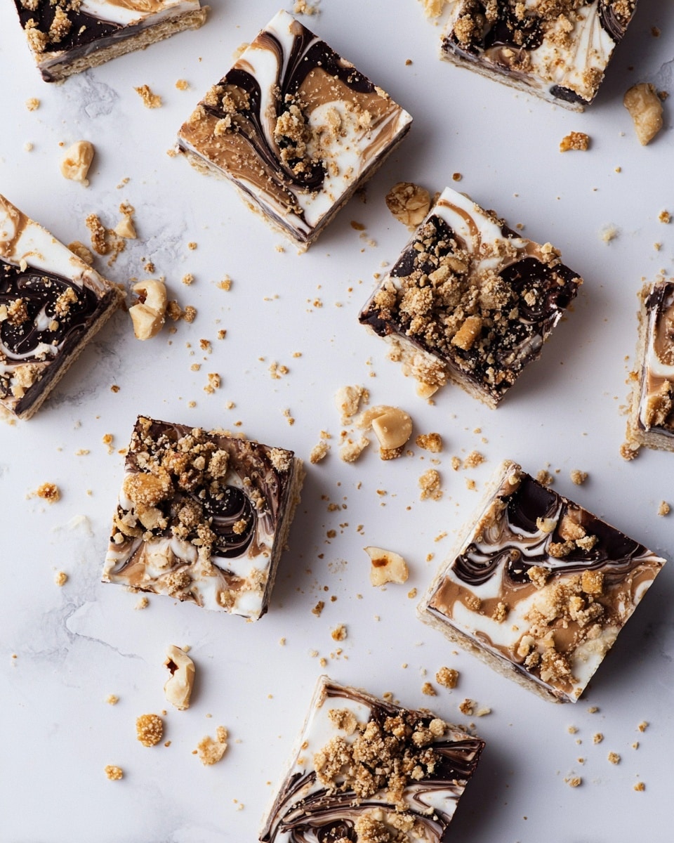 The image shows several square pieces of a dessert scattered on a white marbled surface. Each piece has a white base layer with swirls of dark chocolate and caramel on top, creating a marbled effect. Crushed nuts and granola are sprinkled generously over each square, adding texture and contrast with golden brown and beige colors. Some crumbs and small nut pieces are scattered around the squares, giving a casual and natural look to the arrangement. photo taken with an iphone --ar 4:5 --v 7