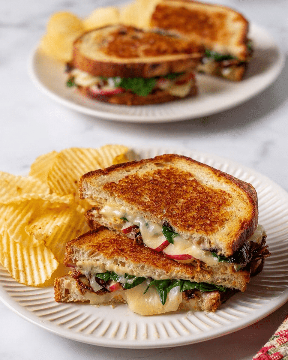 The image shows two grilled sandwiches cut in half and stacked on a white plate with ridged edges, accompanied by wavy potato chips. Each sandwich has two slices of golden-brown toasted bread with a slightly crispy texture. Inside, the first layer has melted white cheese, the second layer includes fresh green spinach leaves, and the third layer reveals slices of red apple and dark spread, possibly chutney or jam, adding contrast and color. In the background, there is another white plate with similar sandwiches, placed on a white marbled surface. photo taken with an iphone --ar 4:5 --v 7