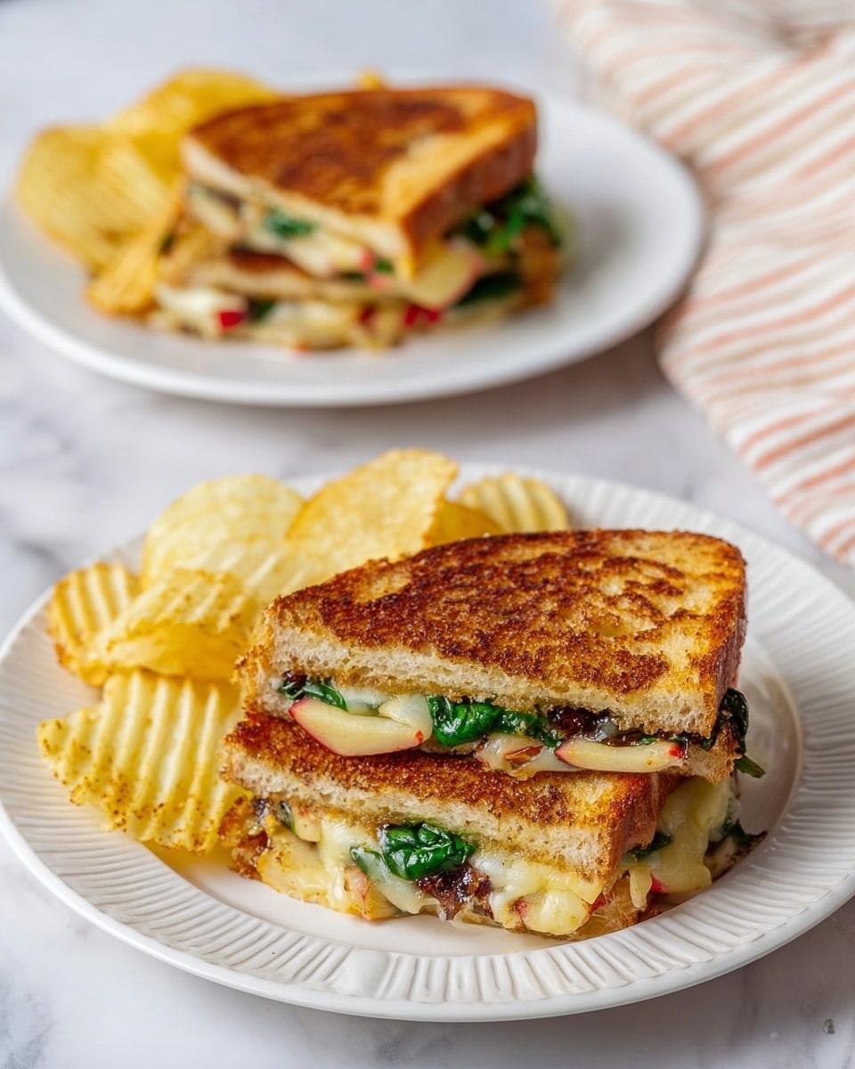 The image shows two grilled sandwiches cut diagonally and stacked on a white ridged plate with wavy potato chips beside them. Each sandwich has two layers of golden-brown toasted bread with a crispy texture. Inside, the bottom layer has melted cheese, bright green leafy spinach, and slices of red apple, while the top layer adds more melted cheese and additional spinach, showing a mix of creamy, fresh, and crunchy textures. In the background, there is another white plate with two more sandwiches and chips, all set against a white marbled surface with a soft striped cloth nearby. Photo taken with an iphone --ar 4:5 --v 7