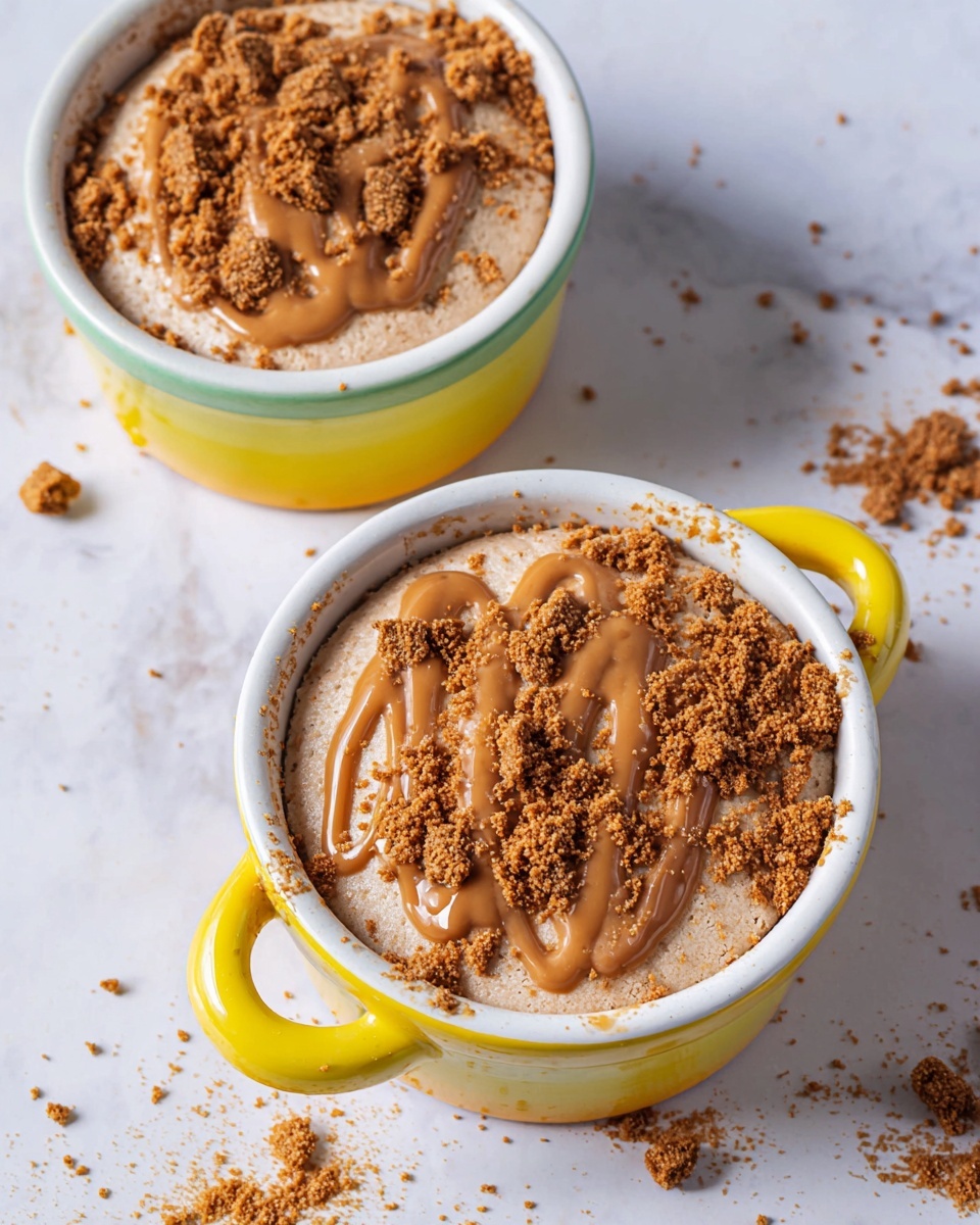 The image shows two small white bowls with colorful handles (one yellow in front and one green at the back), each filled with a round dessert that has a soft, light brown base layer. On top of this base is a flowy, slightly darker brown drizzle, looking smooth and shiny. The dessert is sprinkled with crumbled brown cookie pieces scattered unevenly over the entire top surface and a few crumbs around the bowls on a white marbled texture. The bowls and crumbs create a casual, inviting look that highlights the dessert’s textures and layers. Photo taken with an iphone --ar 4:5 --v 7